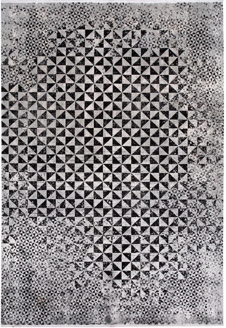 Contemporary Gray Wool Silk Rug Abstract Design 7'8 X 11'3: Contemporary Gray Wool Silk Rug Abstract Design 7'8 X 11'3 Elevate your space with this stunning Gray Modern Wool and Silk Rug, featuring a captivating allover abstract design enriched with black and