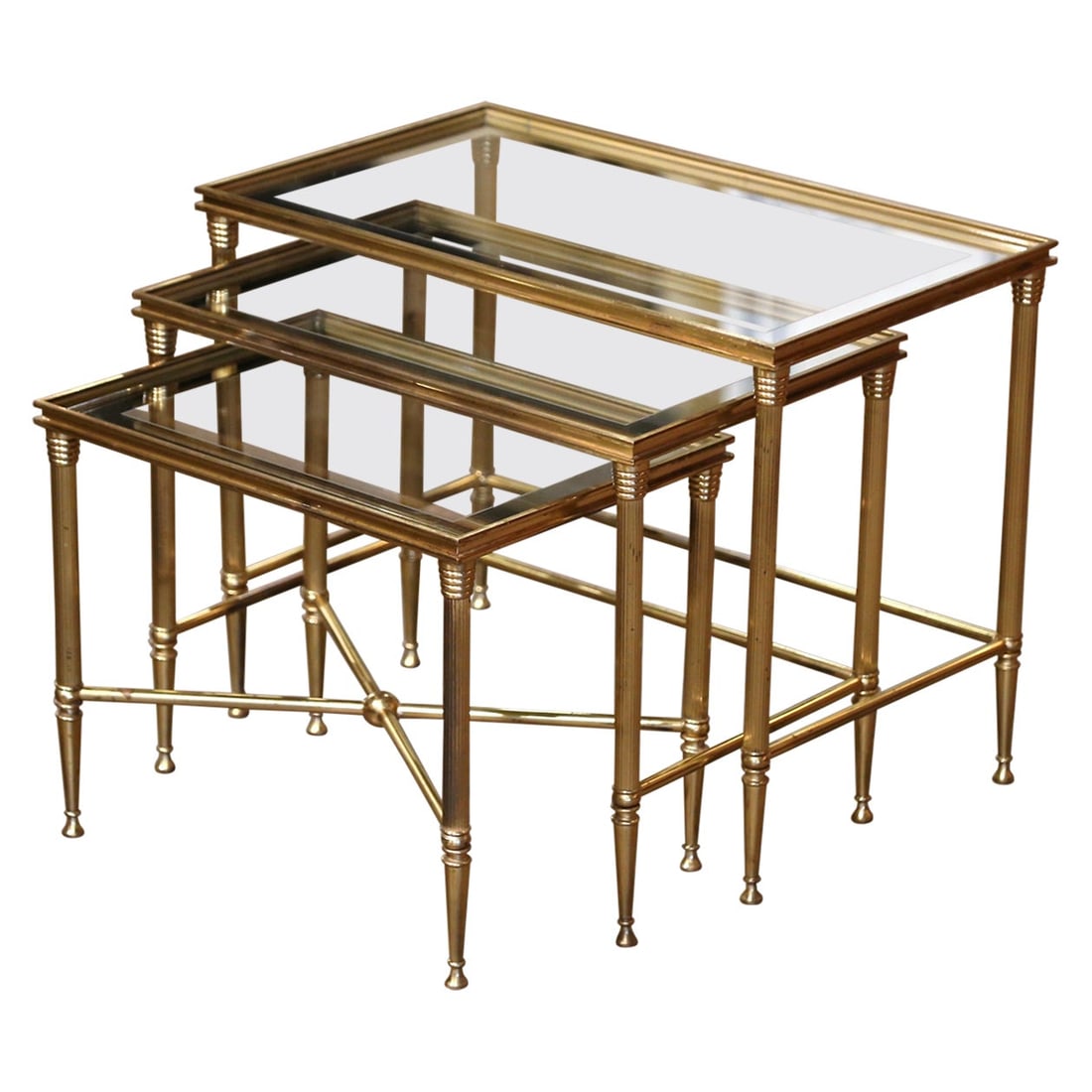 Set of 3 French Brass Glass Nesting Tables in Neoclassical Louis XVI Design (1 of 13)