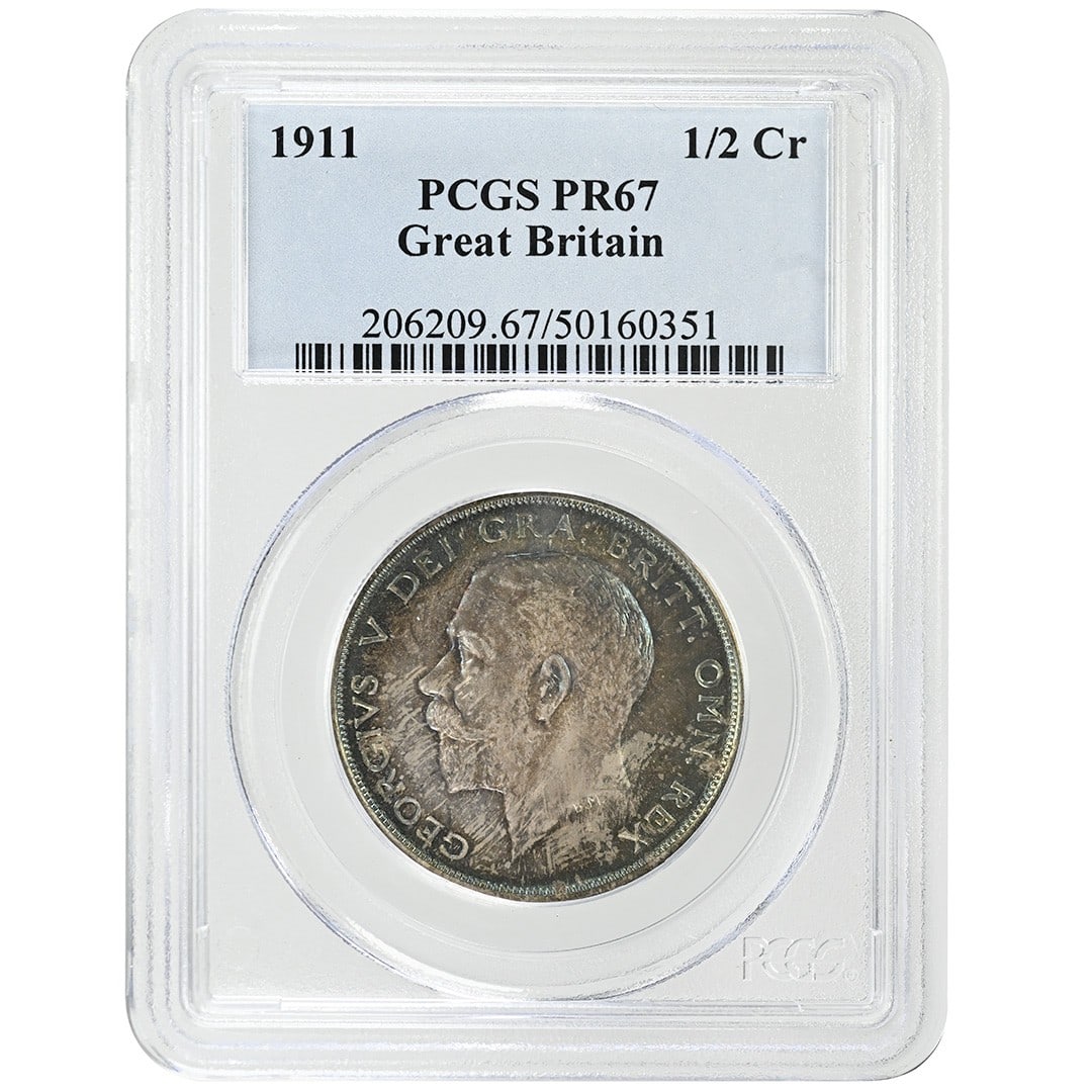 PCGS PR67 1911 Silver Half Crown United Kingdom George V Certified: PCGS PR67 1911 Silver Half Crown United Kingdom George V Certified This rare 1911 Great Britain 1/2 Crown features the portrait of King George V and is certified by PCGS with a PR67 grade. The coin is