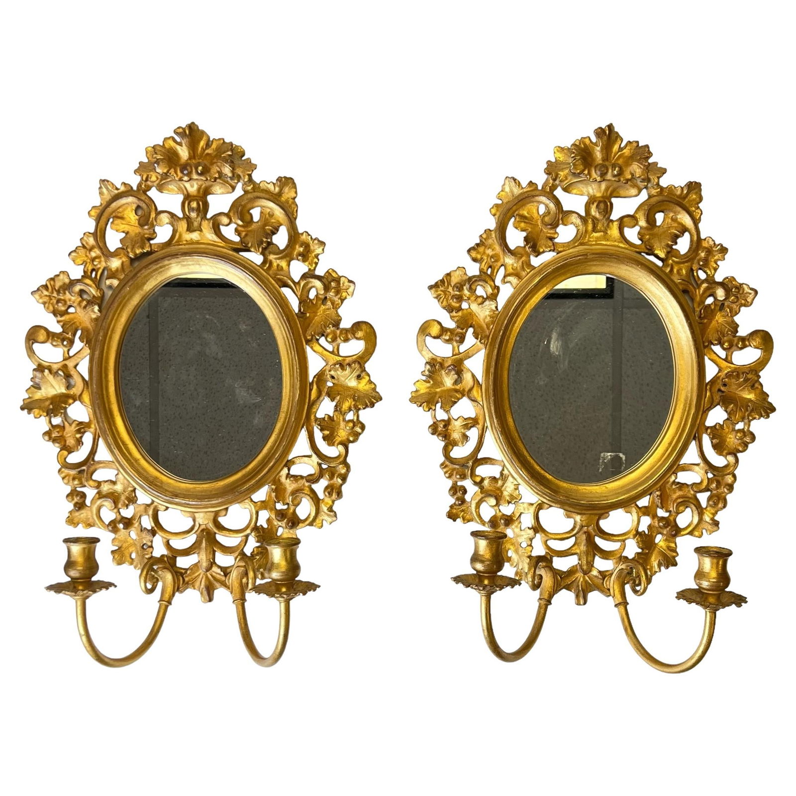 Set of 2 Italian Neoclassical Giltwood and Metal Mirrored Wall Sconces (1 of 17)