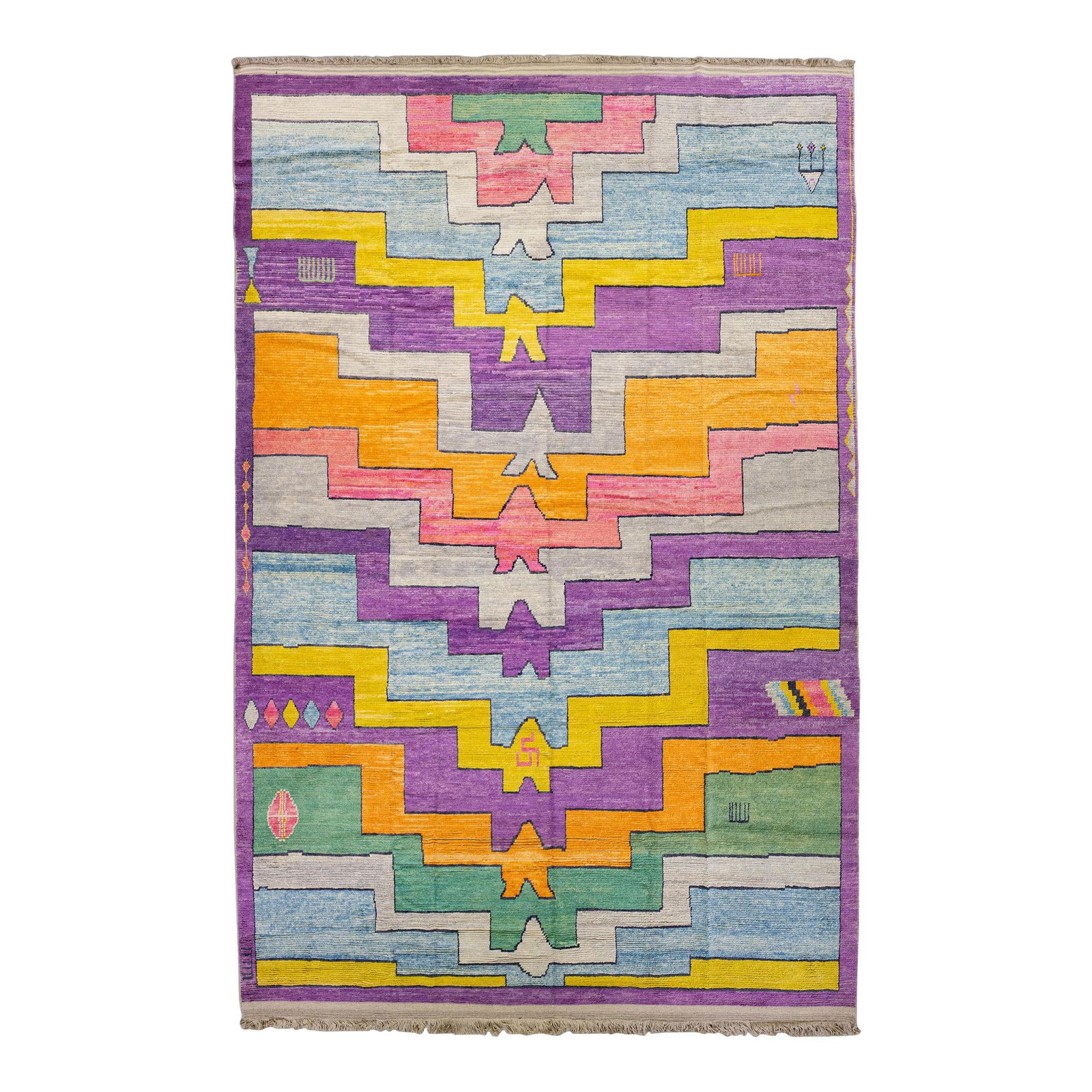 Oversized Turkish Tulu Wool Rug Multicolor Geometric Design 11' x 16'6: Oversized Turkish Tulu Wool Rug Multicolor Geometric Design 11' x 16'6 Elevate your space with this stunning modern Art Deco oversize Turkish Tulu hand-knotted wool rug. Featuring a captivating geomet