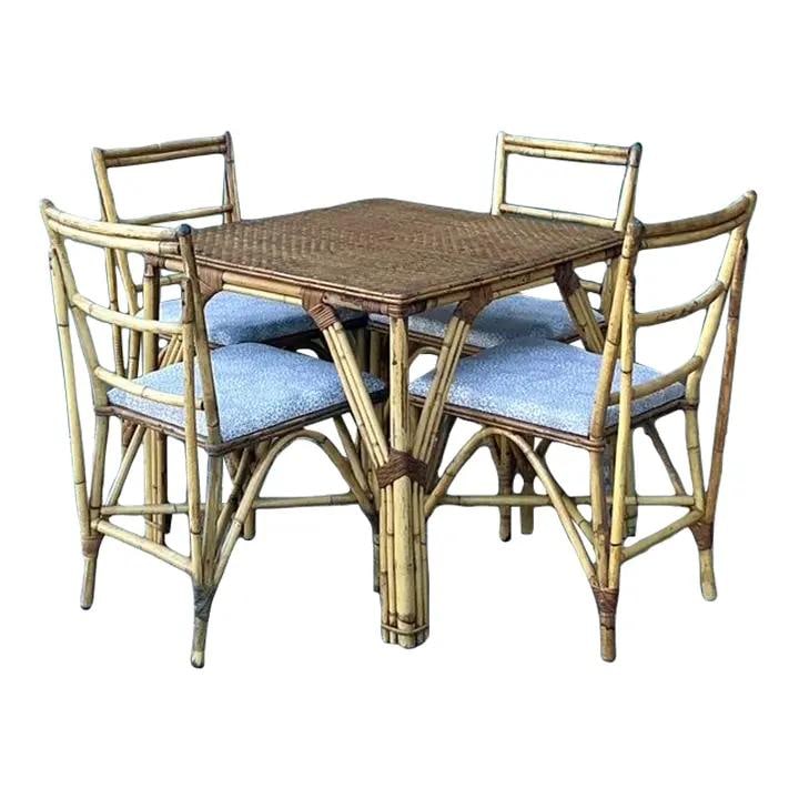 Five-Piece Rattan and Bamboo Dining Set With Chevron Table and Ladder-Back Chairs: Five-Piece Rattan and Bamboo Dining Set With Chevron Table and Ladder-Back Chairs This vintage dining set from the 1970s features a square game table with a woven rattan top in a chevron pattern and a