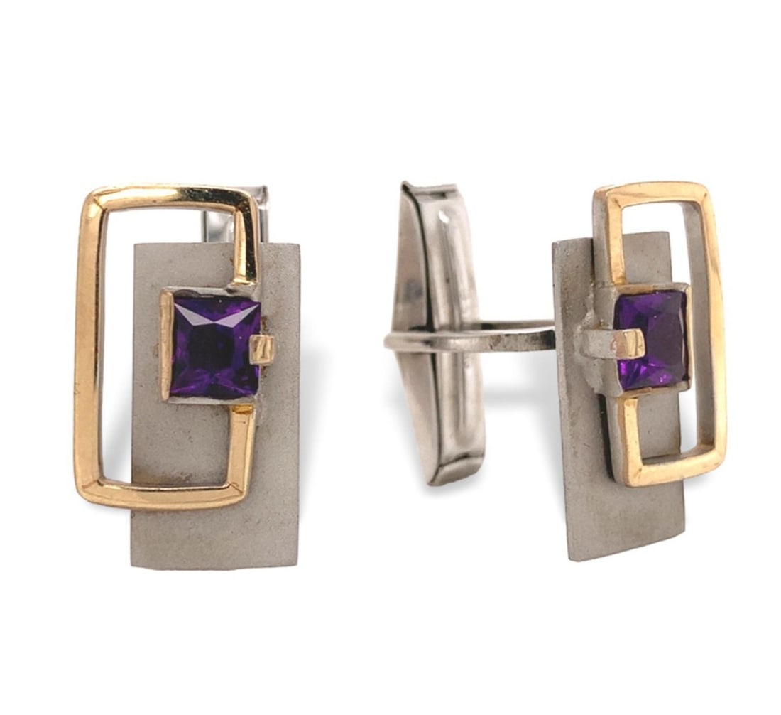 Custom Modernist 14k Yellow Gold Sterling Silver Cufflinks Amethyst (1 of 10)