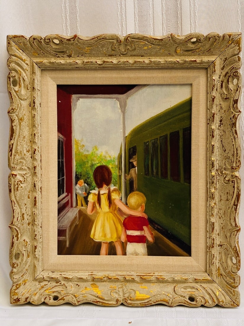 Nancy Sinatra Original Oil Painting of Children on Train Platform: Nancy Sinatra Original Oil Painting of Children on Train Platform Discover a captivating oil on board painting from the estate of Mrs. Nancy Sinatra, depicting her two children, Tina and Michael, on a