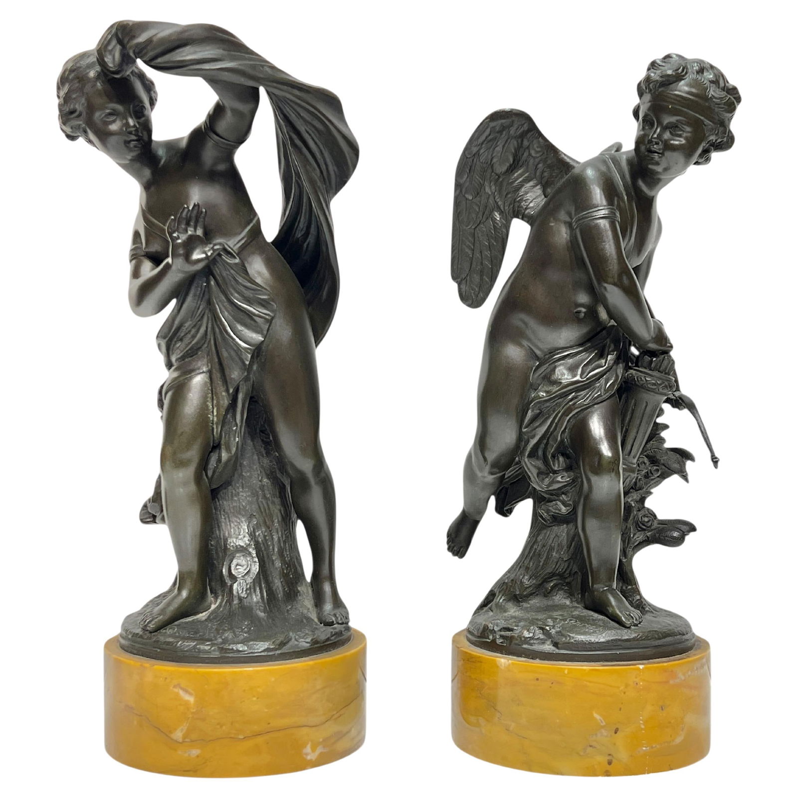 Set of 2 French Bronze Psyche and Cupid Figures on Siena Marble Bases: Set of 2 French Bronze Psyche and Cupid Figures on Siena Marble Bases This set features two antique patinated bronze figurines depicting Psyche and Cupid, each mounted on Italian Siena marble bases. C