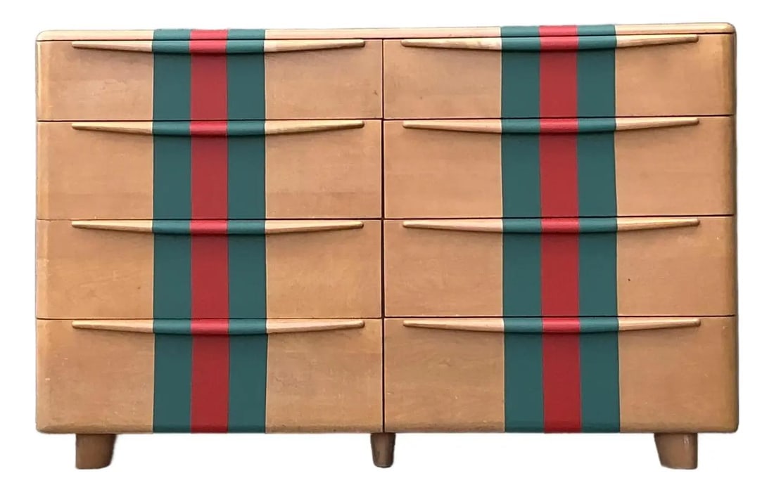 Birch Dresser With Custom Green And Red Racing Stripes Mid-Century Heywood Wakefield: Birch Dresser With Custom Green And Red Racing Stripes Mid-Century Heywood Wakefield This vintage Heywood Wakefield dresser showcases classic Mid-Century Modern design with solid birch construction an