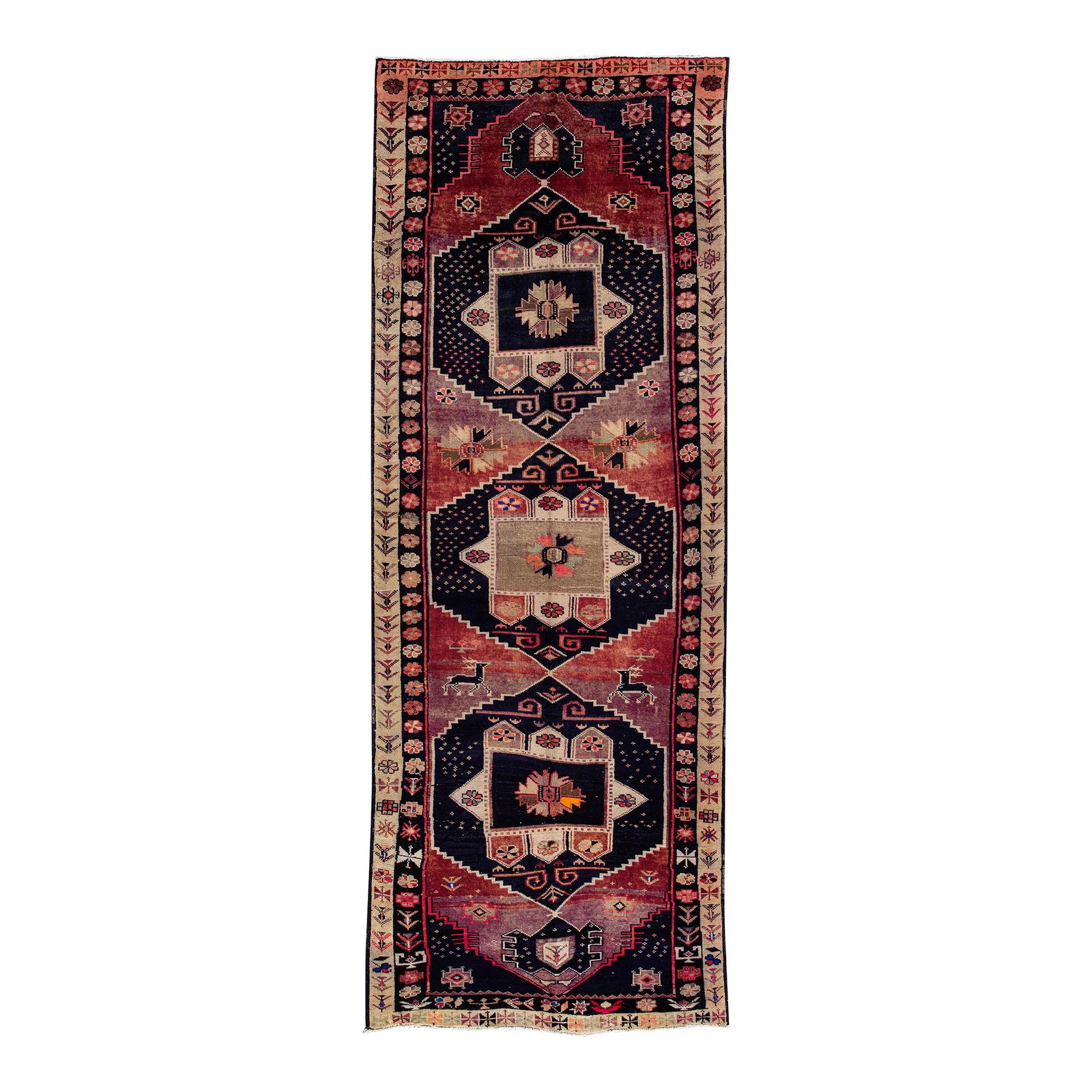 Vintage 1960s Multicolor Azeri Handmade Wool Runner 4'8 x 12'8: Vintage 1960s Multicolor Azeri Handmade Wool Runner 4'8 x 12'8 Discover a stunning hand-knotted vintage Azeri runner that showcases an artistic design on a rich burgundy field, adorned with vibrant mu