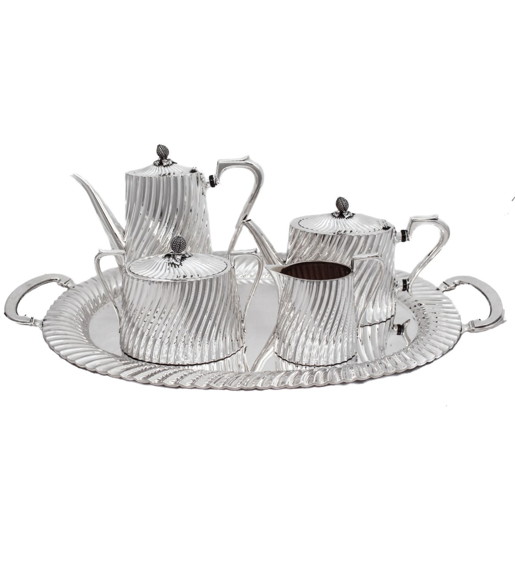 Topazio 925 Sterling Silver Modern Fluted Tea Set with Tray: Topazio 925 Sterling Silver Modern Fluted Tea Set with Tray Elevate your tea time with this exquisite Topazio 925 Sterling Silver Tea Set and Tray, handcrafted in Portugal. This modern and sleek set f