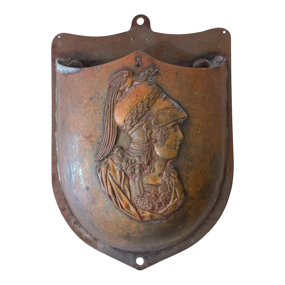 Vintage Copper Gladiator Wall Pocket Shield Sculpture: Vintage Copper Gladiator Wall Pocket Shield Sculpture This striking vintage copper wall pocket features a raised profile of a classical warrior adorned in elaborate armor and a plumed helmet. Shaped l
