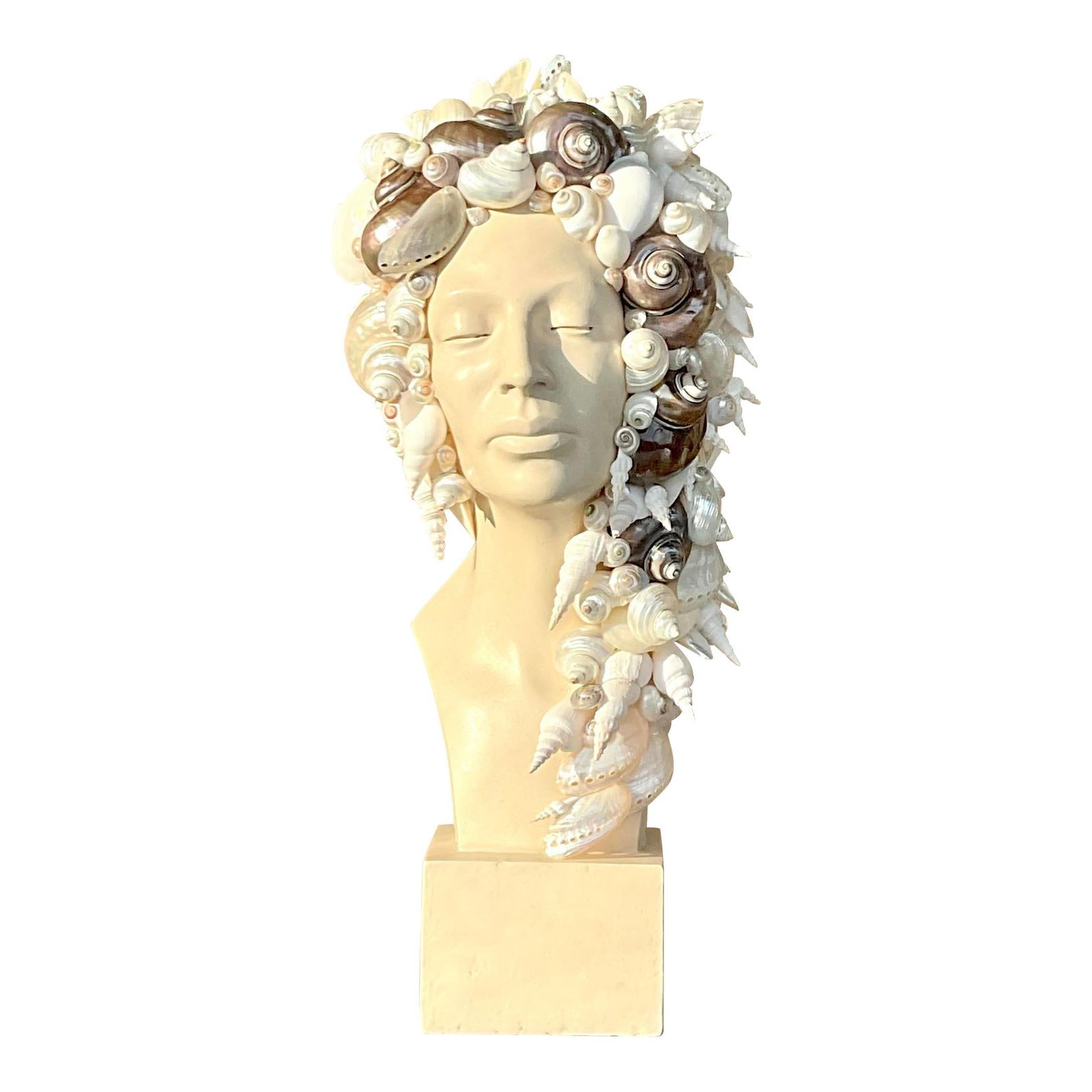 Vintage Coastal Plaster Shell Bust of Serene Woman 26.5" Tall: Vintage Coastal Plaster Shell Bust of Serene Woman 26.5" Tall Explore this exceptional vintage Coastal bust of a serene woman, adorned with a stunning collection of shells that gracefully wrap around