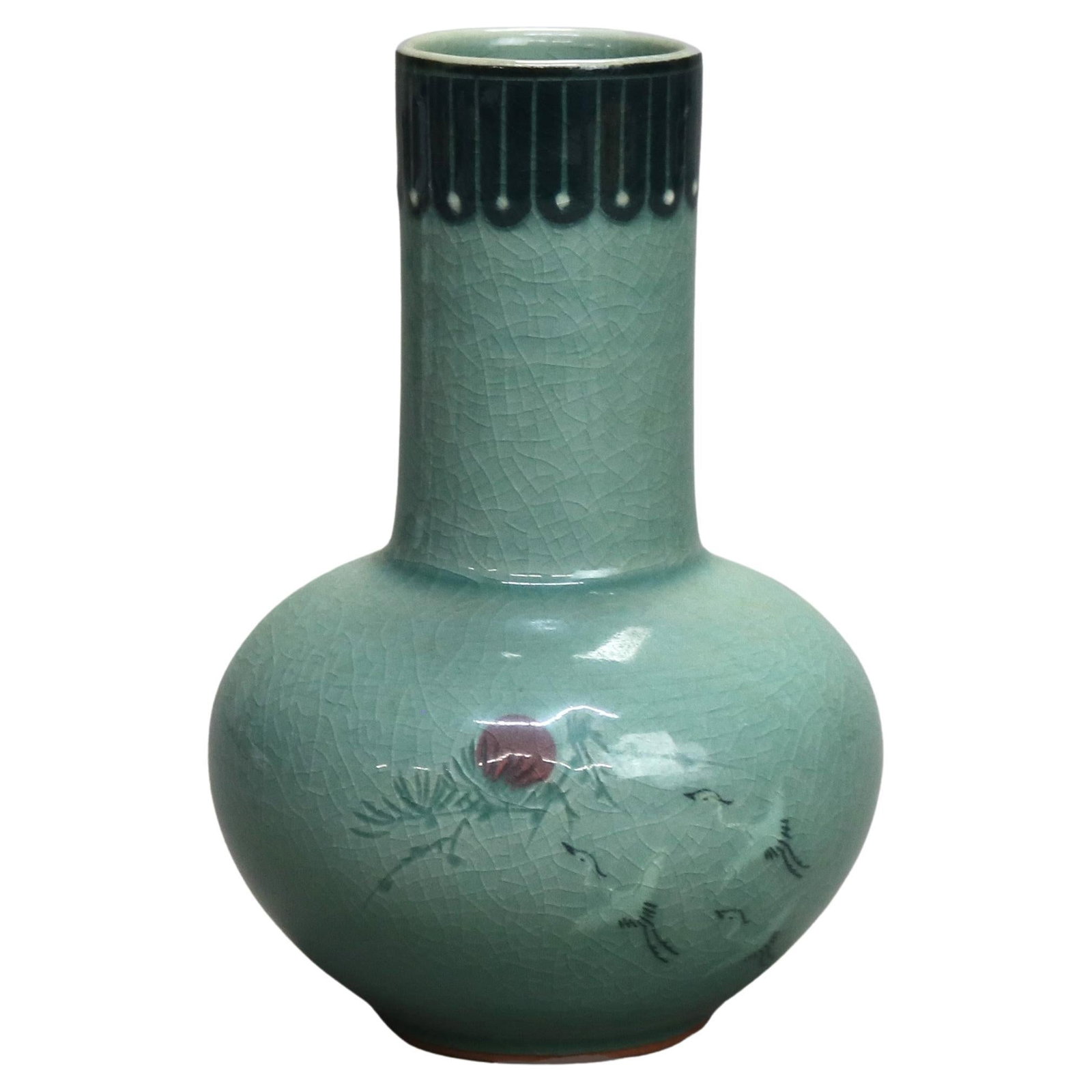 Signed 19thC Asian Celadon Pottery Bud Vase with Marsh Scene (1 of 6)