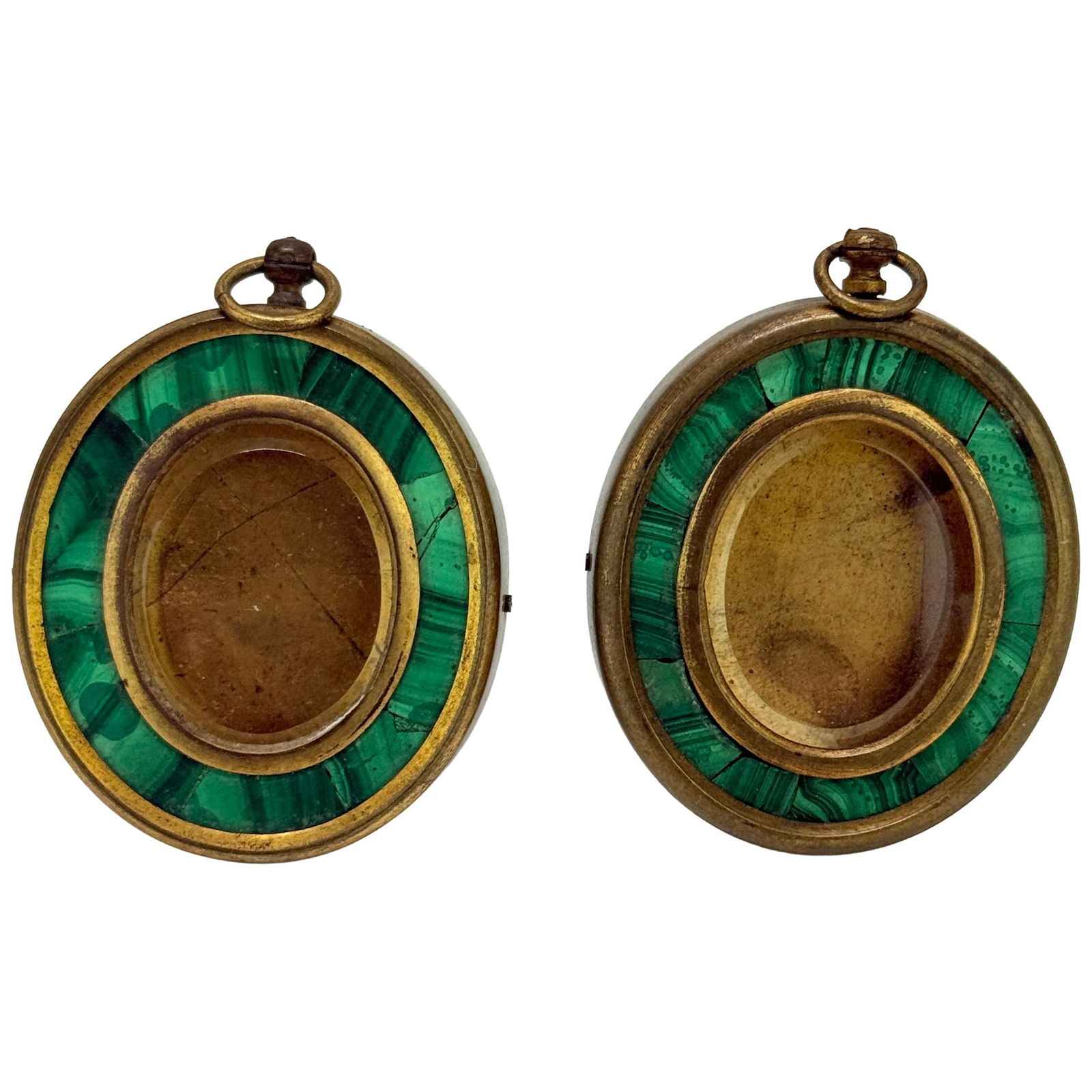 Set of 2 French Grand Tour Bronze and Malachite Oval Locket Frames 19th Century: Set of 2 French Grand Tour Bronze and Malachite Oval Locket Frames 19th Century This pair of 19th-century Grand Tour-era locket frames is expertly crafted from patinated bronze with bands of inlaid ma