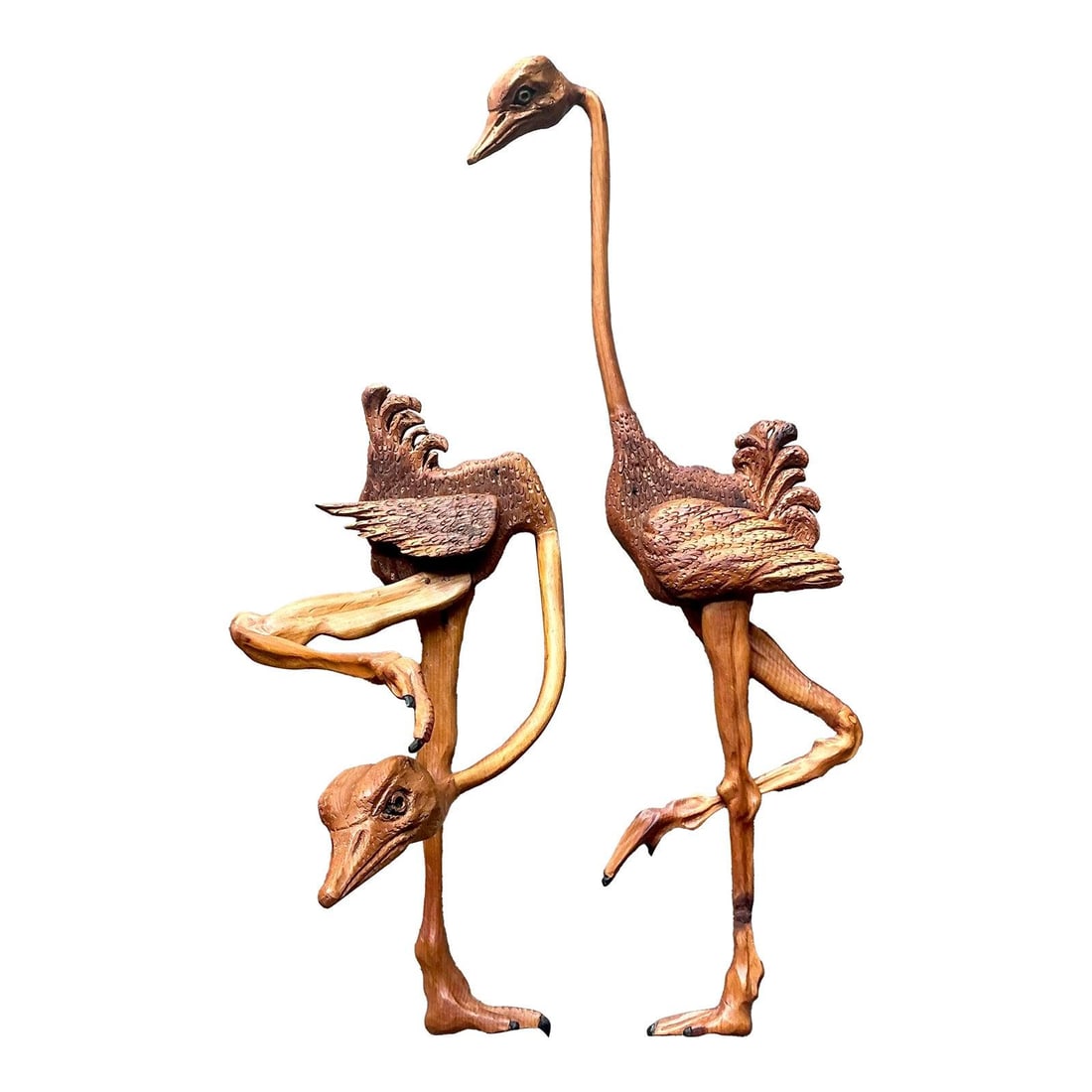 Pair of Vintage Hand Carved Wooden Ostrich Sculptures Boho Folk Art (1 of 9)