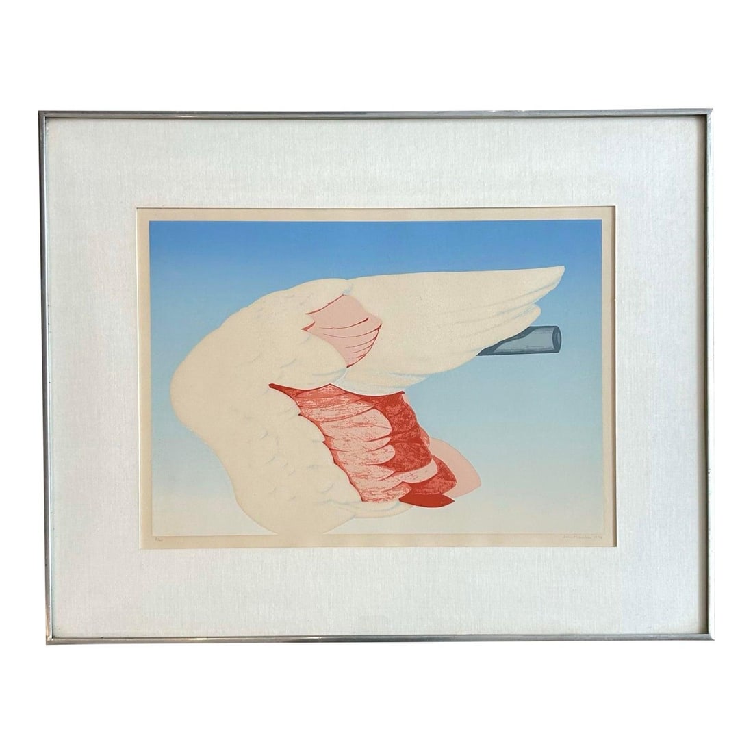 Vintage 1972 Signed Flamingo Wing Lithograph Art: Vintage 1972 Signed Flamingo Wing Lithograph Art This vintage lithograph features a captivating composition of a large flamingo wing, beautifully rendered in soft shades of cream, pink, and red agains