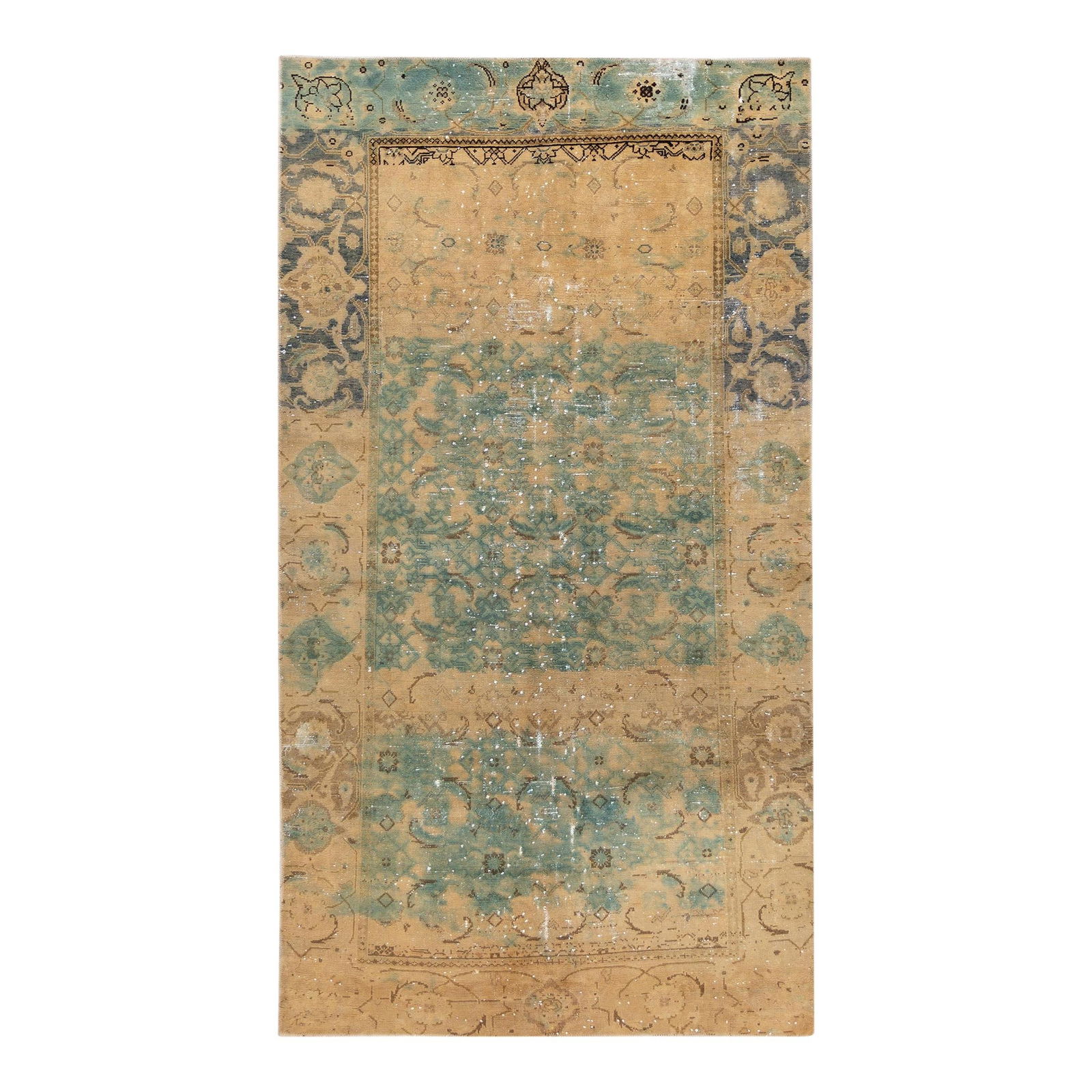 Vintage Turkish Hand-Knotted Wool Rug Turquoise Tribal Design 4'10 x 9'0: Vintage Turkish Hand-Knotted Wool Rug Turquoise Tribal Design 4'10 x 9'0 Enhance your space with this stunning vintage distressed Turkish hand-knotted wool rug. Featuring a vibrant turquoise field,