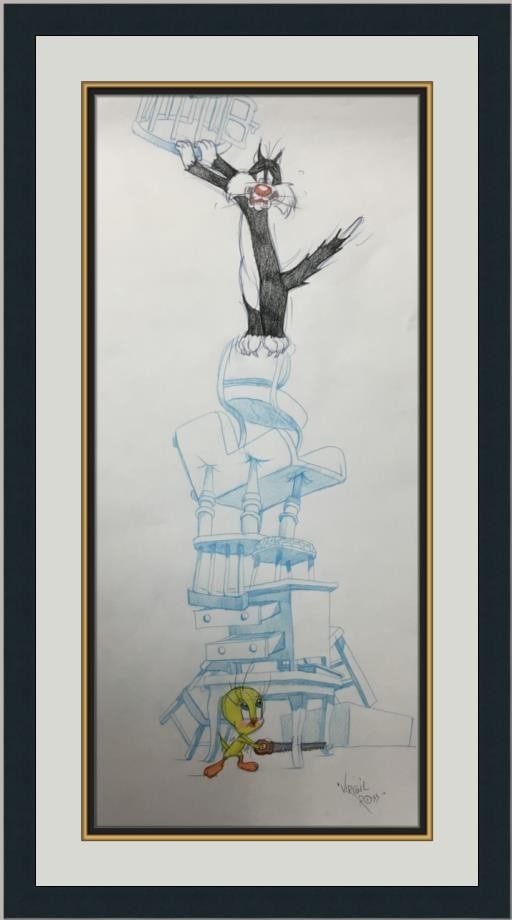 Framed Virgil Ross Signed Looney Tunes Model Sheet Drawing Featuring Sylvester and Tweety: Framed Virgil Ross Signed Looney Tunes Model Sheet Drawing Featuring Sylvester and Tweety This is an original model sheet drawing of Sylvester the Cat and Tweety Bird, hand-signed by renowned animator