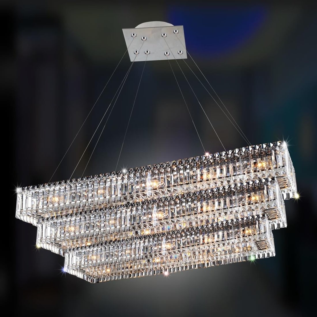 Kalco Chrome Crystal Pendant Chandelier 34 Bulbs Modern Classic 3-Tier: Kalco Chrome Crystal Pendant Chandelier 34 Bulbs Modern Classic 3-Tier Elevate your space with this stunning Chrome Crystal Chandelier, a perfect blend of modern and classic style. This exquisite pend