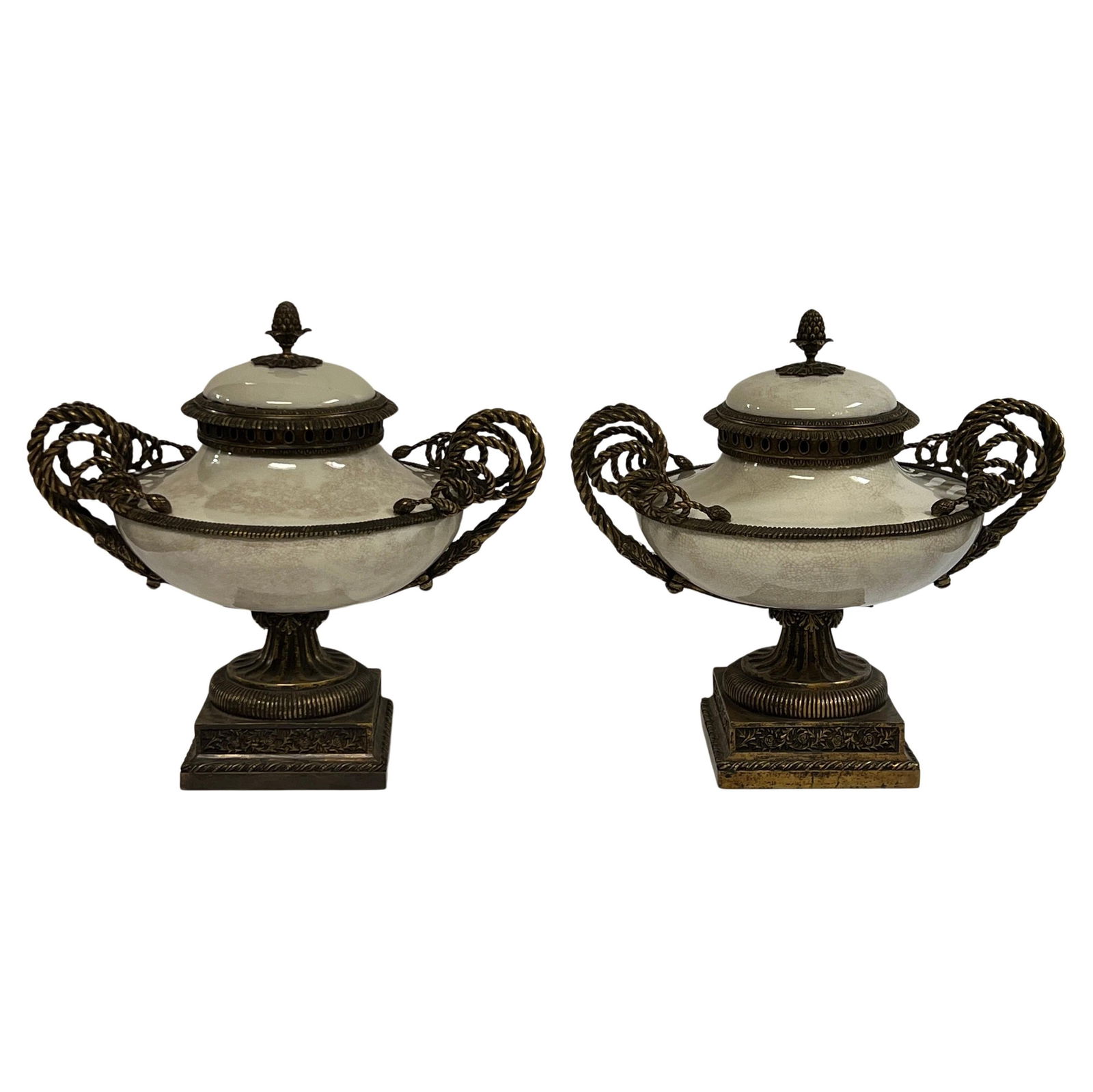 Set of 2 Neoclassical Ceramic Urns with Patinated Bronze Mounts (1 of 11)
