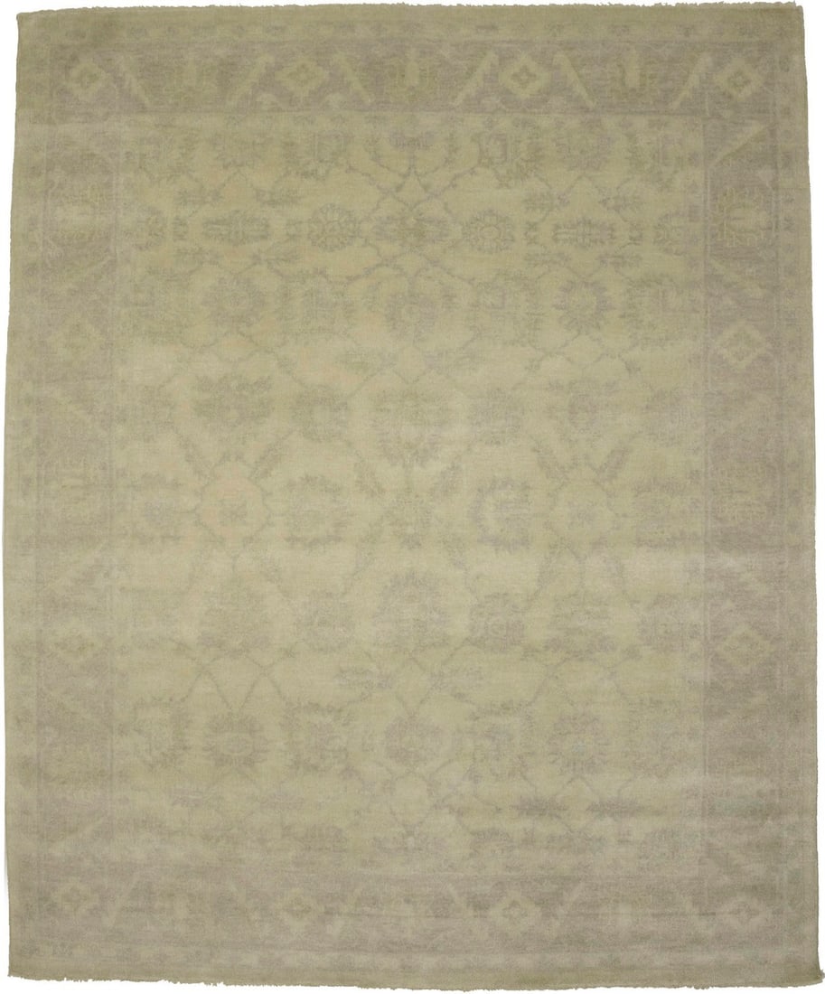 Muted Floral Hand-Knotted Wool Area Rug 8'1 x 9'10 Transitional Style: Muted Floral Hand-Knotted Wool Area Rug 8'1 x 9'10 Transitional Style Enhance your living space with this stunning Transitional Floral Hand-Knotted Oriental Rug, featuring a muted color palette of bei