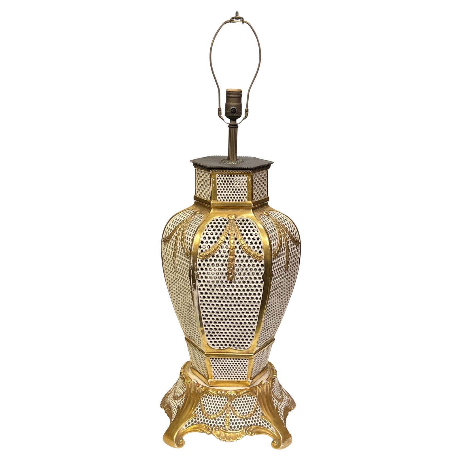 Hungarian Porcelain Gilt Table Lamp With Openwork Vase Design Early 20th Century (1 of 8)