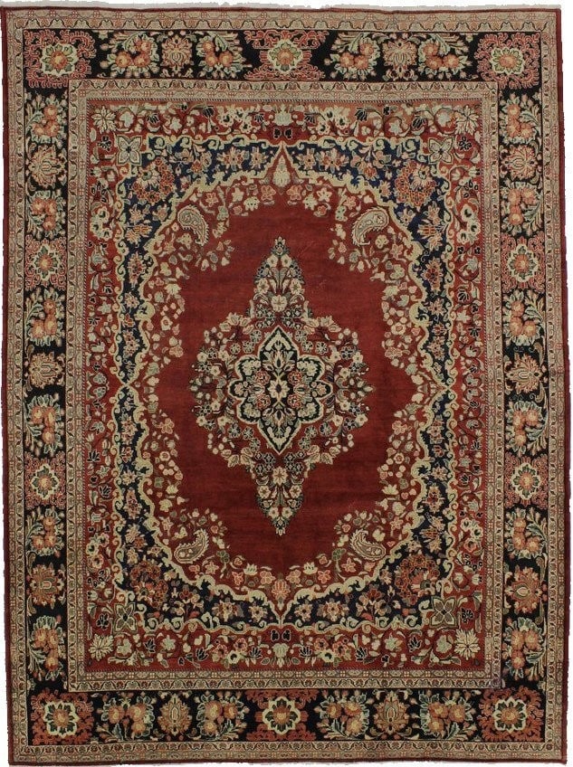 Wool Hand-Knotted Vintage Oriental Area Rug 10'6 x 14'3 Traditional Geometric: Wool Hand-Knotted Vintage Oriental Area Rug 10'6 x 14'3 Traditional Geometric This hand-knotted Oriental rug from Western Asia is a vintage area carpet dating to the 1960s. Crafted from wool, it featu