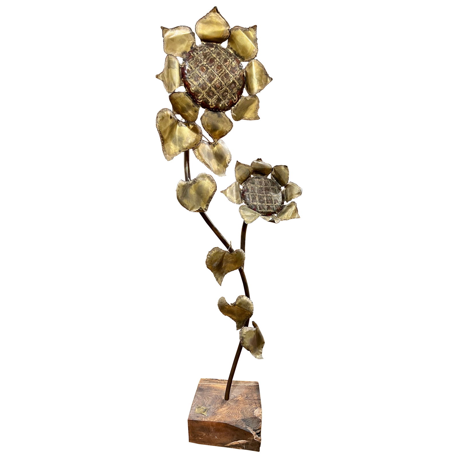 Monumental Brutalist Sunflower Sculpture in Copper Brass and Burl Wood (1 of 8)