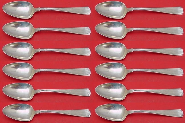 Gorham Etruscan Sterling Silver Teaspoon Set 12 Pieces Art Deco: Gorham Etruscan Sterling Silver Teaspoon Set 12 Pieces Art Deco This exquisite 12-piece set of Etruscan teaspoons by Gorham features elegant Art Deco styling and is made from high-quality sterling sil
