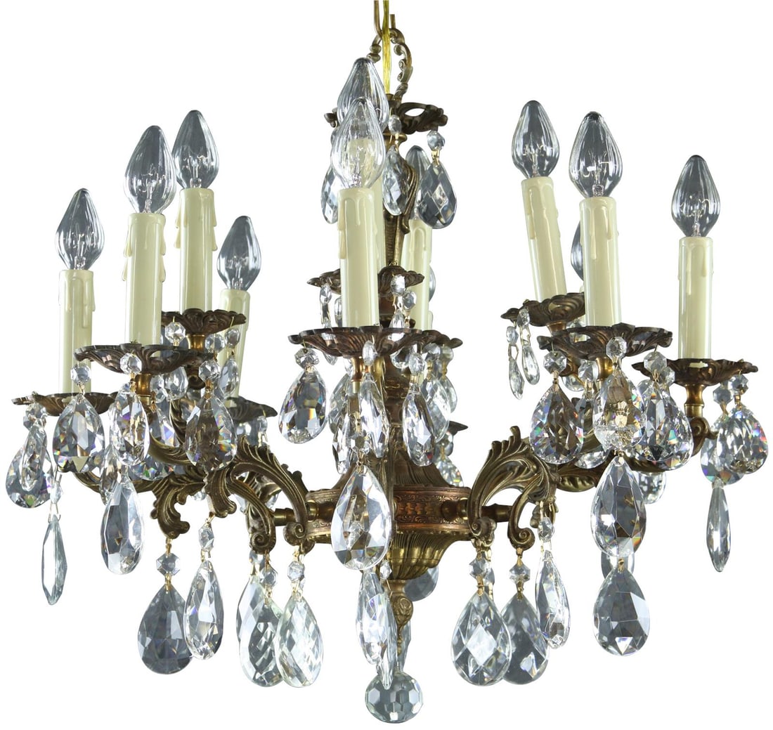 Elegant 1950s French Rococo Style Bowl Chandelier 12-Light Antique Brass (1 of 9)