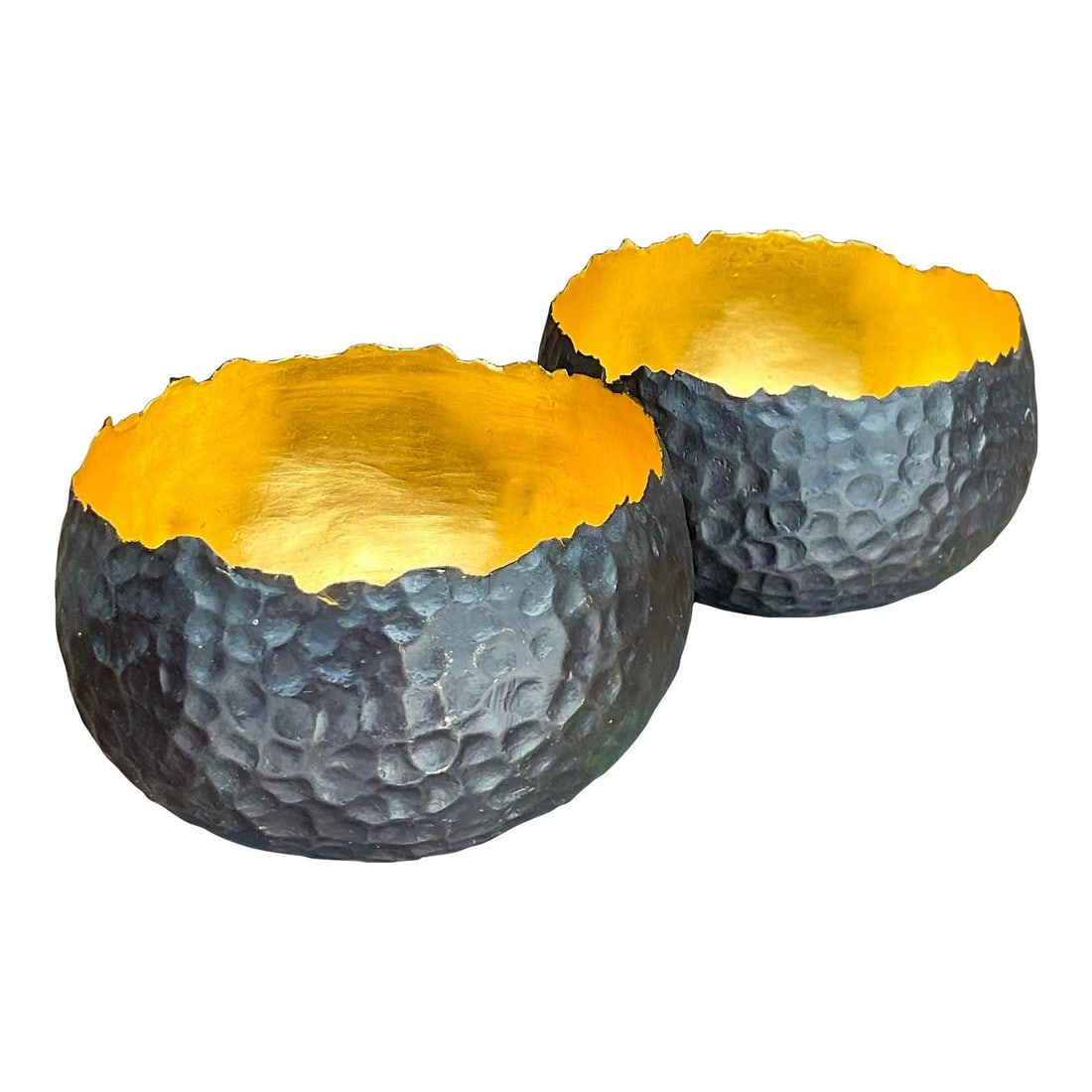 Pair of Alexander Lamont Hammered Bronze Bowls with Gold Interior: Pair of Alexander Lamont Hammered Bronze Bowls with Gold Interior Enhance your decor with this spectacular pair of vintage contemporary bowls by Alexander Lamont. These beautiful bowls feature a hand-