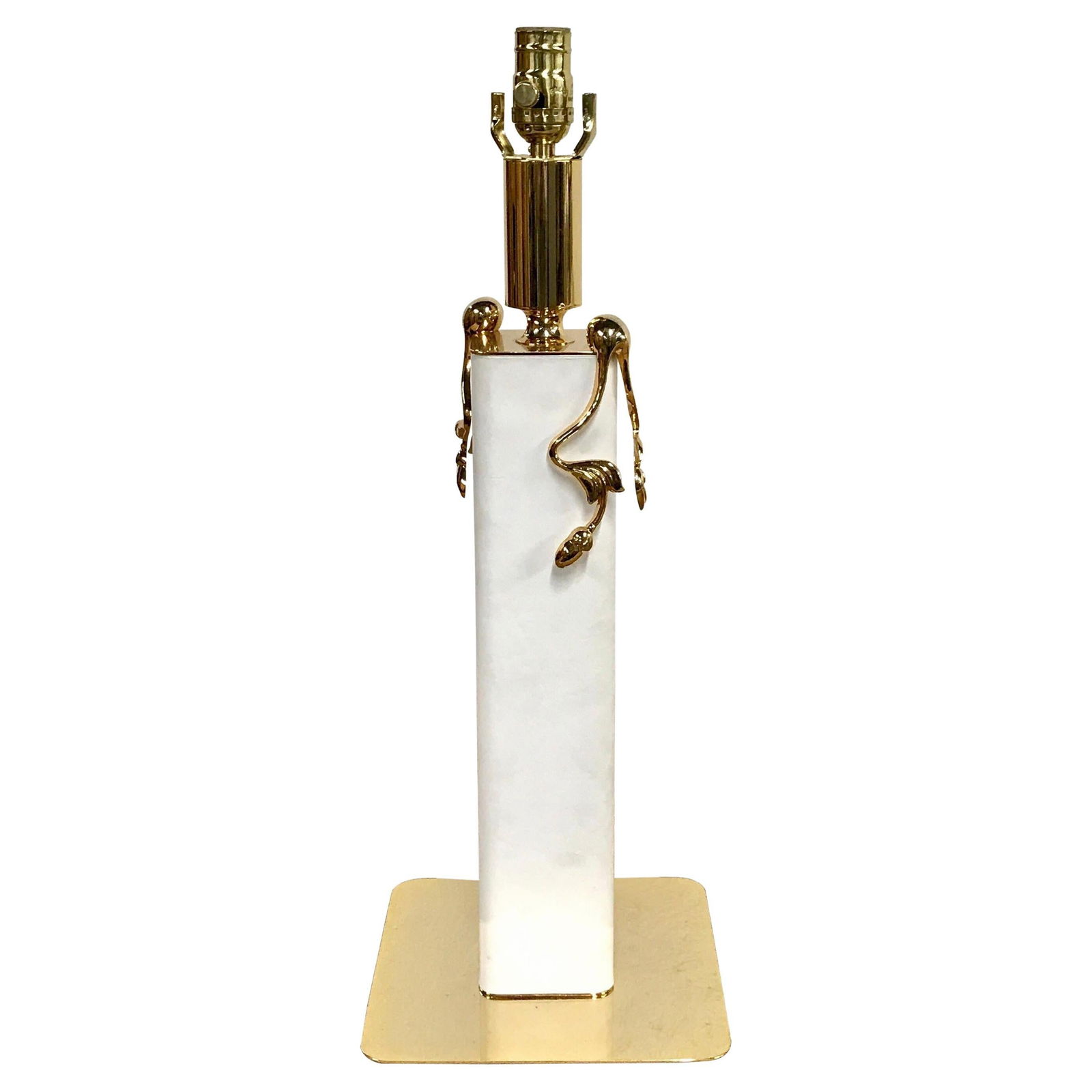 Mid-Century Modern Stitched White Leather Brass Lamp Italy 1970s: Mid-Century Modern Stitched White Leather Brass Lamp Italy 1970s This exquisite Mid-Century Modern lamp features a stunning design crafted from stitched white leather and gilt brass. Standing at a hei