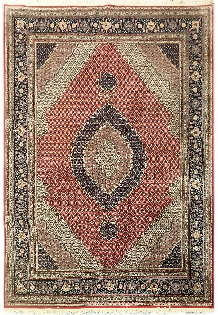 5.2 x 8 Hand-Knotted Wool Silk Mahi Tabriz Rug Copper: 5.2 x 8 Hand-Knotted Wool Silk Mahi Tabriz Rug Copper Free continental US Shipping Enhance your space with this exquisite hand-knotted Mahi Tabriz rug, measuring 5.2 x 8 feet. Crafted from a luxurious