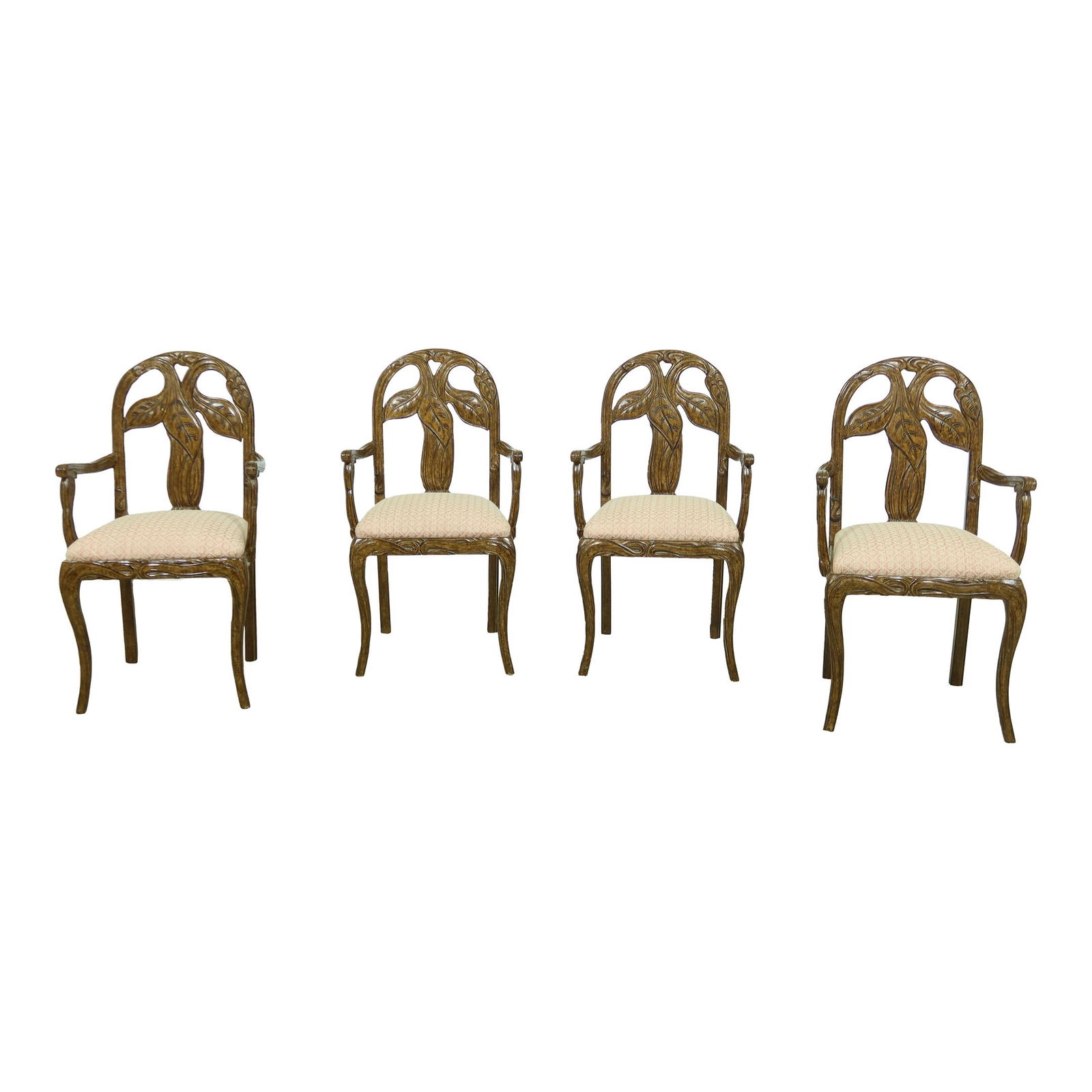 Set of 4 Vintage Art Nouveau Leaf Carved Dining Armchairs: Set of 4 Vintage Art Nouveau Leaf Carved Dining Armchairs Enhance your dining experience with this exquisite set of 4 Art Nouveau leaf carved back dining armchairs, approximately 20 years old. These c