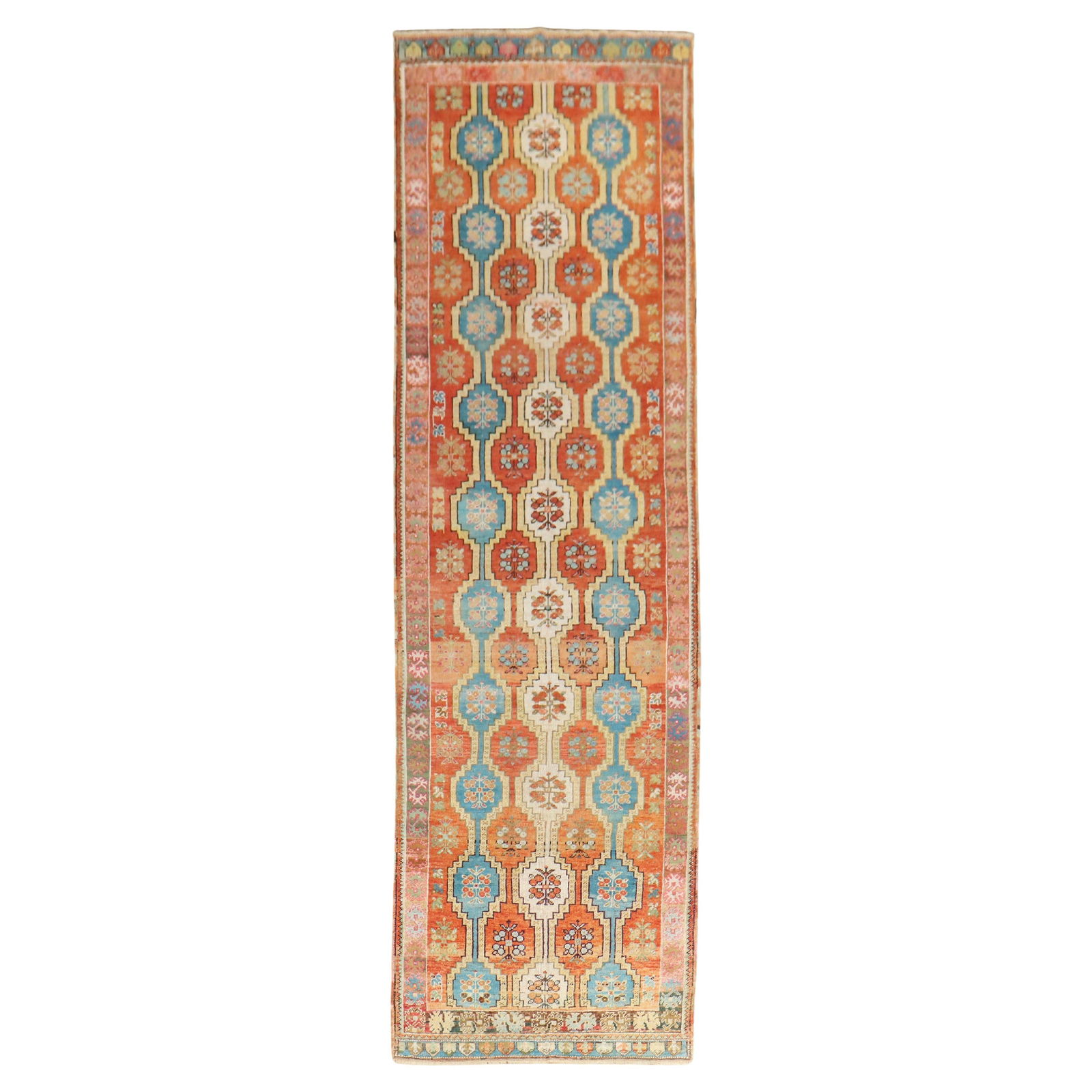 Zabihi Collection Early 20th Century Turkish Melas Hand-Woven Wool Runner: Zabihi Collection Early 20th Century Turkish Melas Hand-Woven Wool Runner This exquisite early 20th century Turkish Melas runner showcases a stunning Oushak style, perfect for adding a touch of