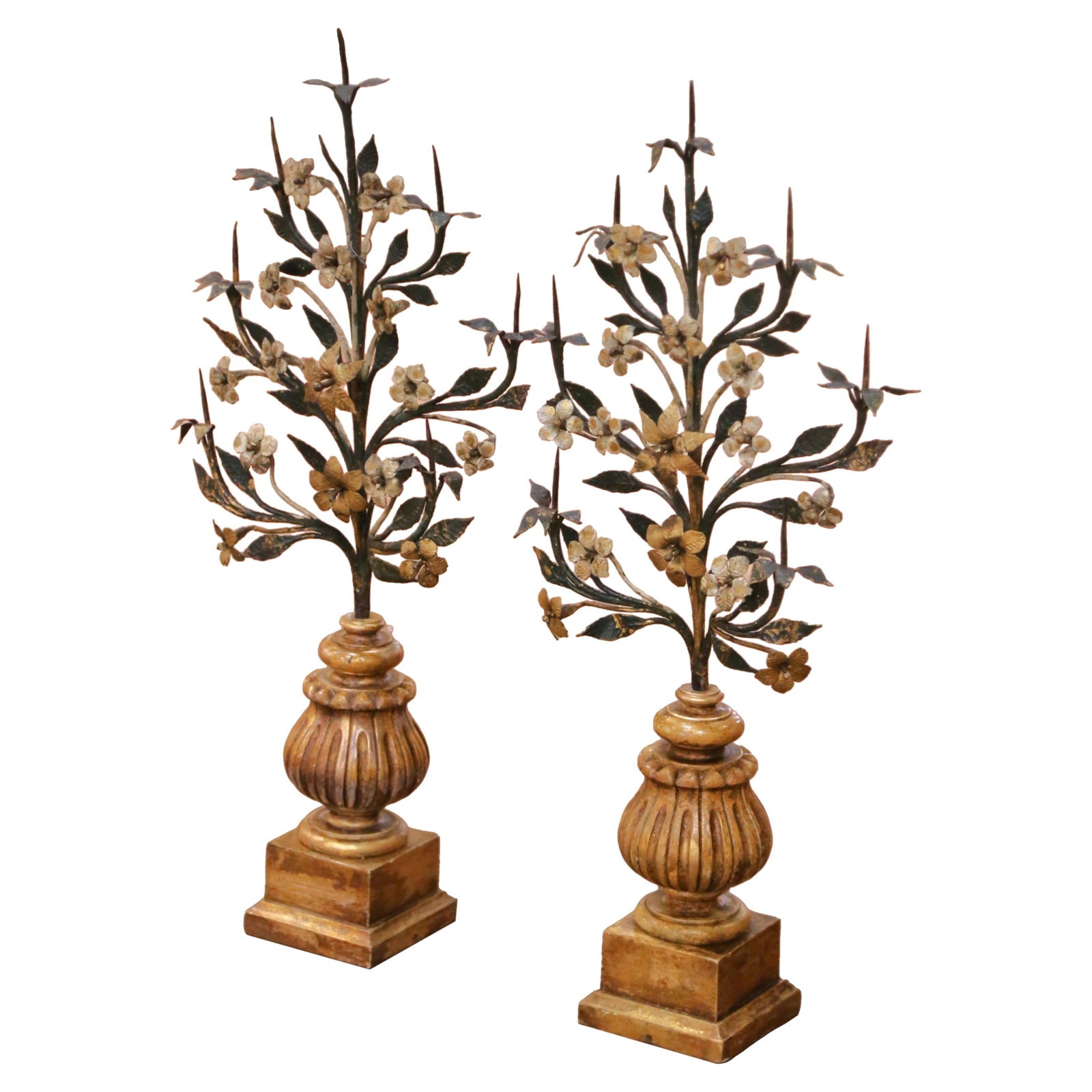 Set of Two Italian Giltwood and Wrought Iron Pricket Candleholders Circa 1960: Set of Two Italian Giltwood and Wrought Iron Pricket Candleholders Circa 1960 This pair of mid-century Italian pricket candle holders features hand-carved giltwood urn-form bases and hand-forged black