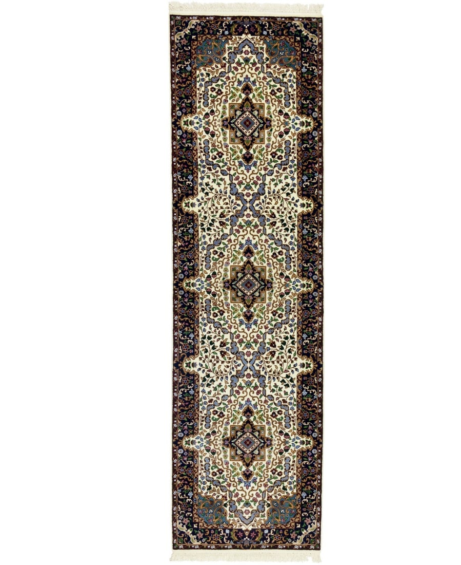 Wool Kirman Design Floral Hallway Runner Rug 2'8 x 9'8 Handmade: Wool Kirman Design Floral Hallway Runner Rug 2'8 x 9'8 Handmade This handmade Kirman Oriental runner rug features a classic floral pattern in a palette of cream, dark navy, green, blue, beige, brown,