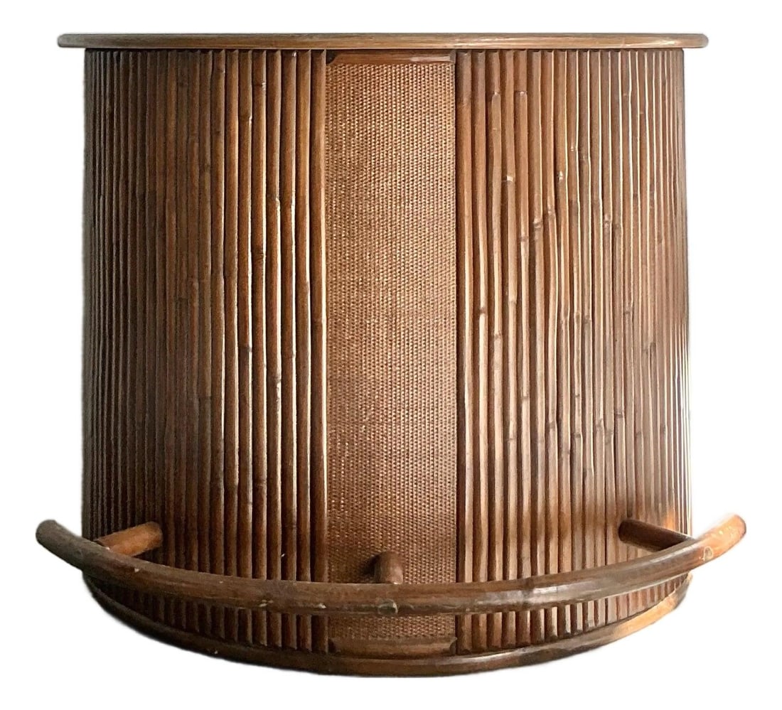 Kidney Shaped Rattan Dry Bar With Wicker Panels And Bamboo Reed Accents (1 of 5)