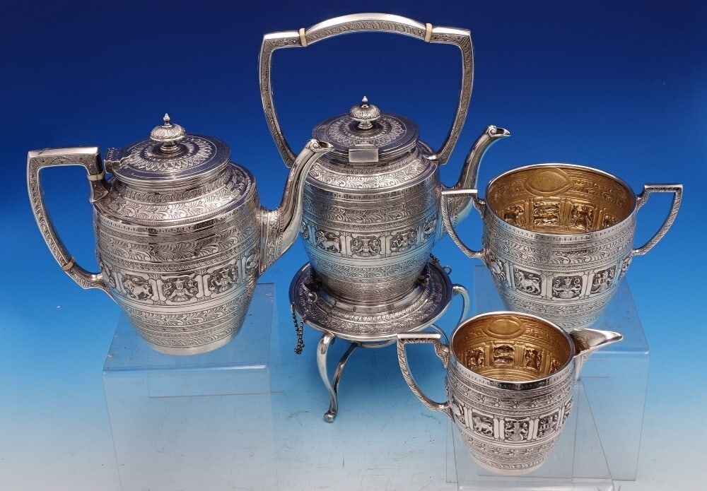 R F Mosley English Sterling Silver Zodiac Coffee Set 4pc with Kettle: R F Mosley English Sterling Silver Zodiac Coffee Set 4pc with Kettle This exquisite four-piece English Sterling Silver Coffee Set, crafted by R. F. Mosley & Co. in Sheffield, dates back to 1909 and fe