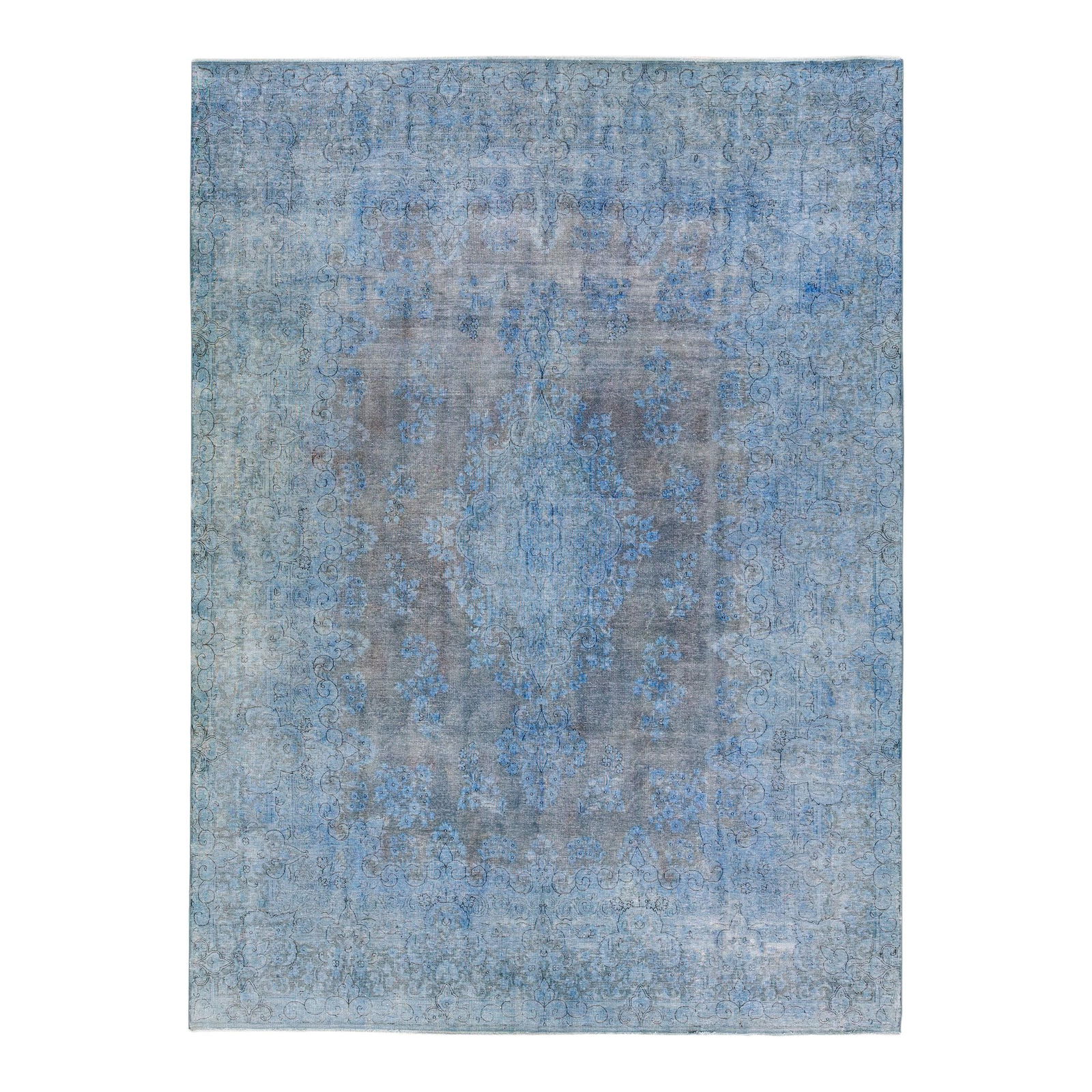 Vintage Persian Overdyed Handmade Blue Wool Medallion Rug 9'8 x 13'3: Vintage Persian Overdyed Handmade Blue Wool Medallion Rug 9'8 x 13'3 Discover the elegance of this Vintage Persian Overdyed Handmade Medallion Blue Wool Rug. Expertly hand-knotted, this stunning rug f