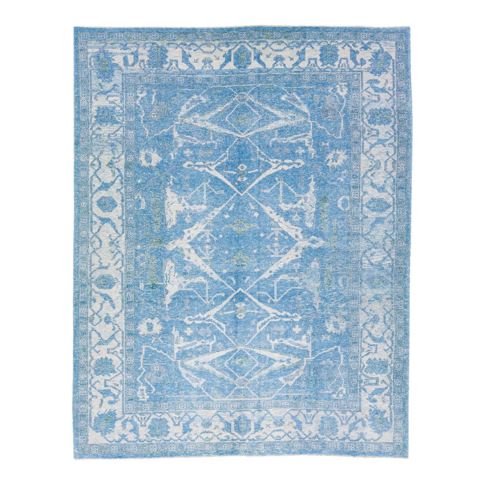 Blue Handmade Turkish Oushak Wool Rug with Floral Design 10'1 x 12'10: Blue Handmade Turkish Oushak Wool Rug with Floral Design 10'1 x 12'10 Enhance your space with this stunning modern Oushak handmade wool rug, featuring a vibrant blue color field complemented by white