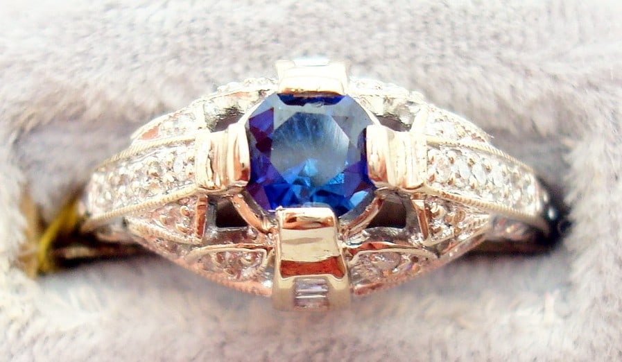 18k White Gold Art Deco Blue Sapphire Diamond Cocktail Ring GIA Certified (1 of 9)