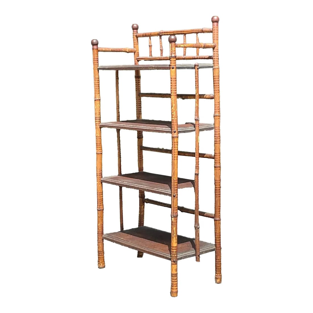 Vintage Bamboo Etagere with Spindled Gallery and Honey Finish: Vintage Bamboo Etagere with Spindled Gallery and Honey Finish Enhance your home with the vintage charm of this Bamboo Hall Etagere. Beautifully crafted from bamboo, it features a classic faux bamboo f