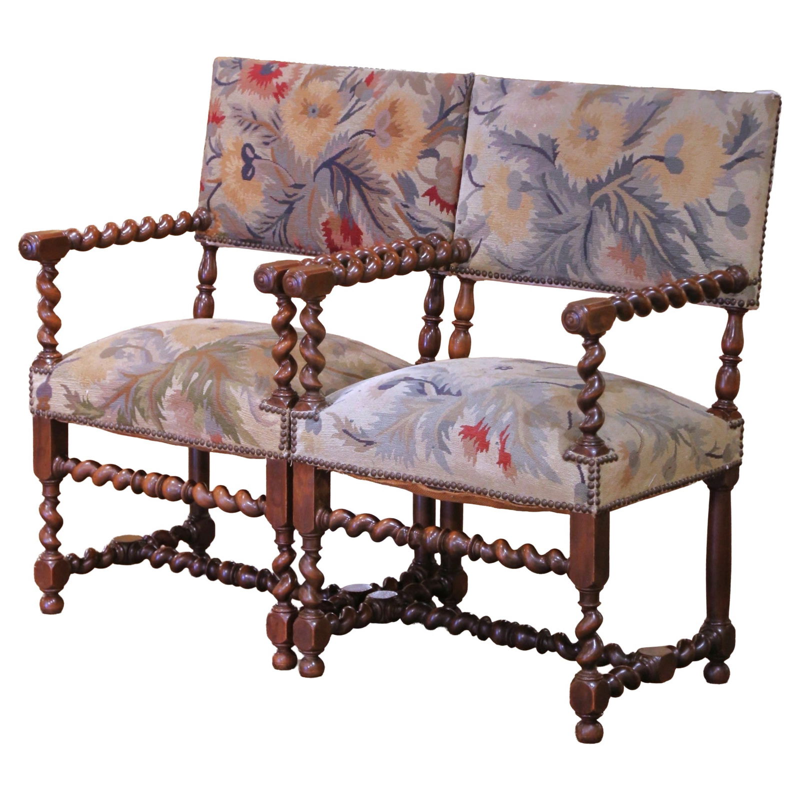 Antique 19th C. French Louis XIII Walnut Armchairs Set with Aubusson Tapestry (1 of 14)