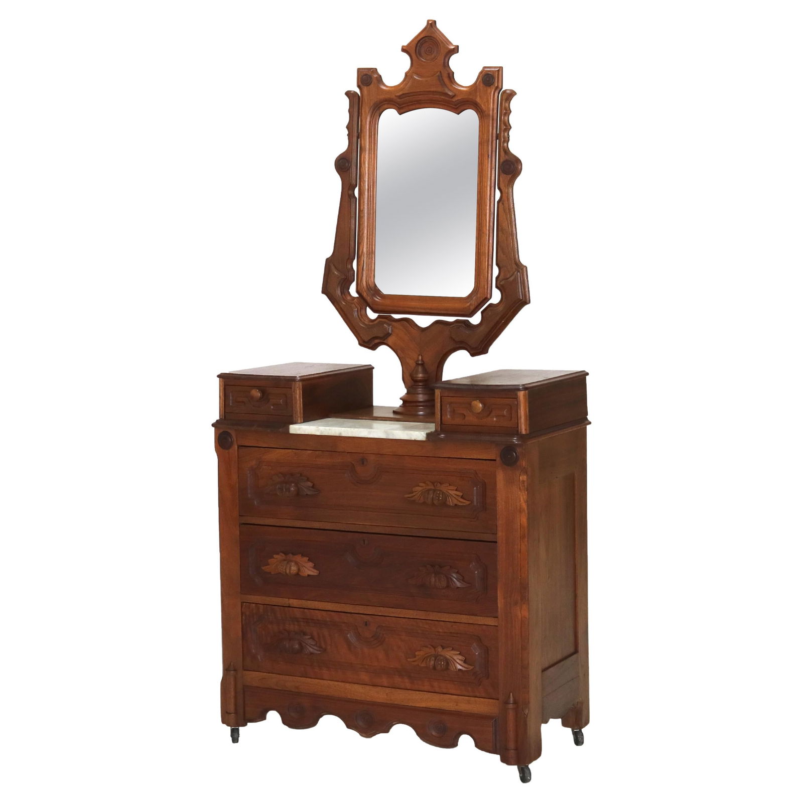 Victorian Era Walnut Dresser with Marble Top and Ornate Mirror Circa 1890 (1 of 15)
