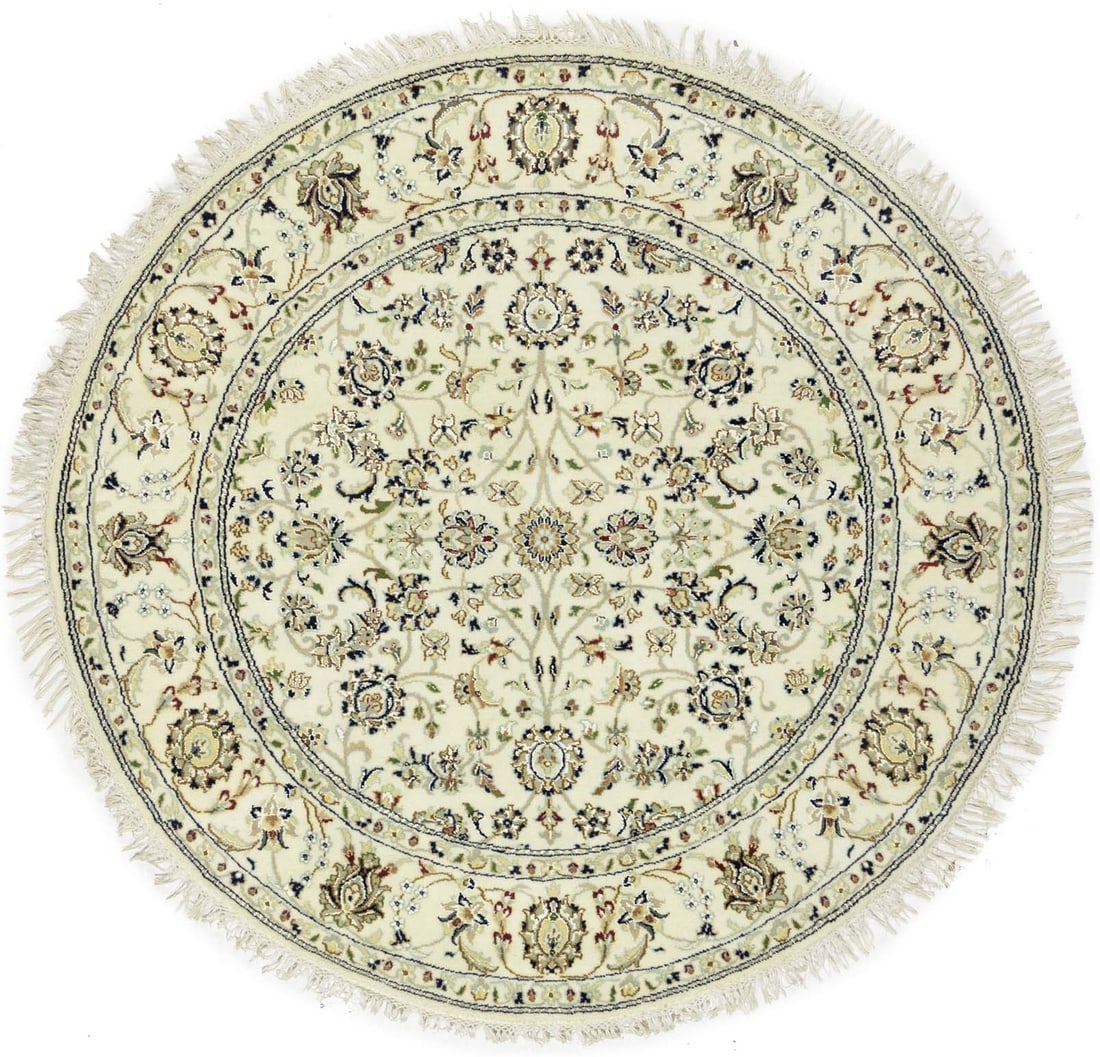 Hand-Knotted Cream Floral 4'2 Round Wool Silk Rug: Hand-Knotted Cream Floral 4'2 Round Wool Silk Rug Enhance your home decor with this exquisite Cream Floral Design Round Rug, perfect for adding a touch of elegance to any room. Hand-knotted from a lux