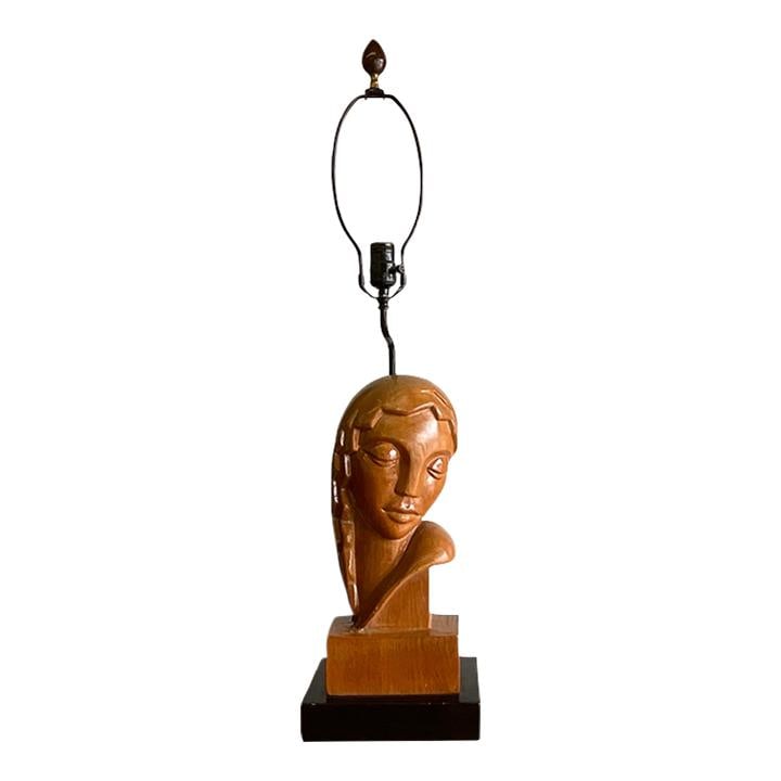Vintage Art Deco Hand Carved Wood Lady Table Lamp (1 of 6)