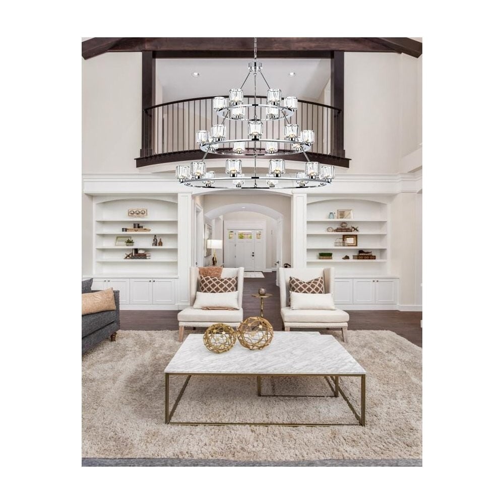 Elegant 27-Light Chrome Chandelier with Glass Shades 48" for Dining Room: Elegant 27-Light Chrome Chandelier with Glass Shades 48" for Dining Room Illuminate your space with the exquisite Cadence 27-Light Chandelier, a stunning addition to dining rooms, foyers, and living a