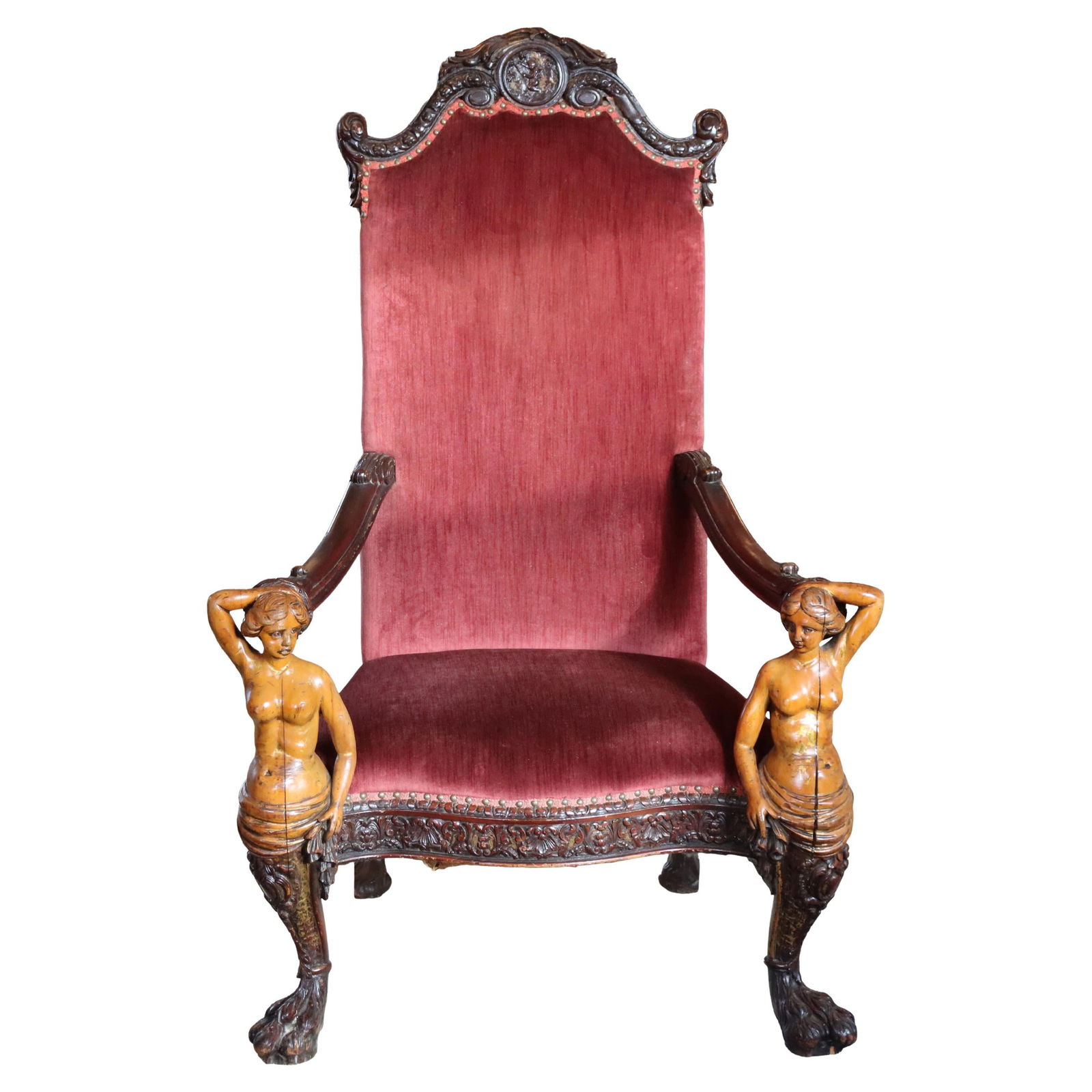 Baroque Walnut Throne Chair with Mermaid Caryatid Carvings Circa 1900: Baroque Walnut Throne Chair with Mermaid Caryatid Carvings Circa 1900 This antique Italian Baroque throne chair, dating to circa 1900, is crafted from walnut wood and features detailed figural carving