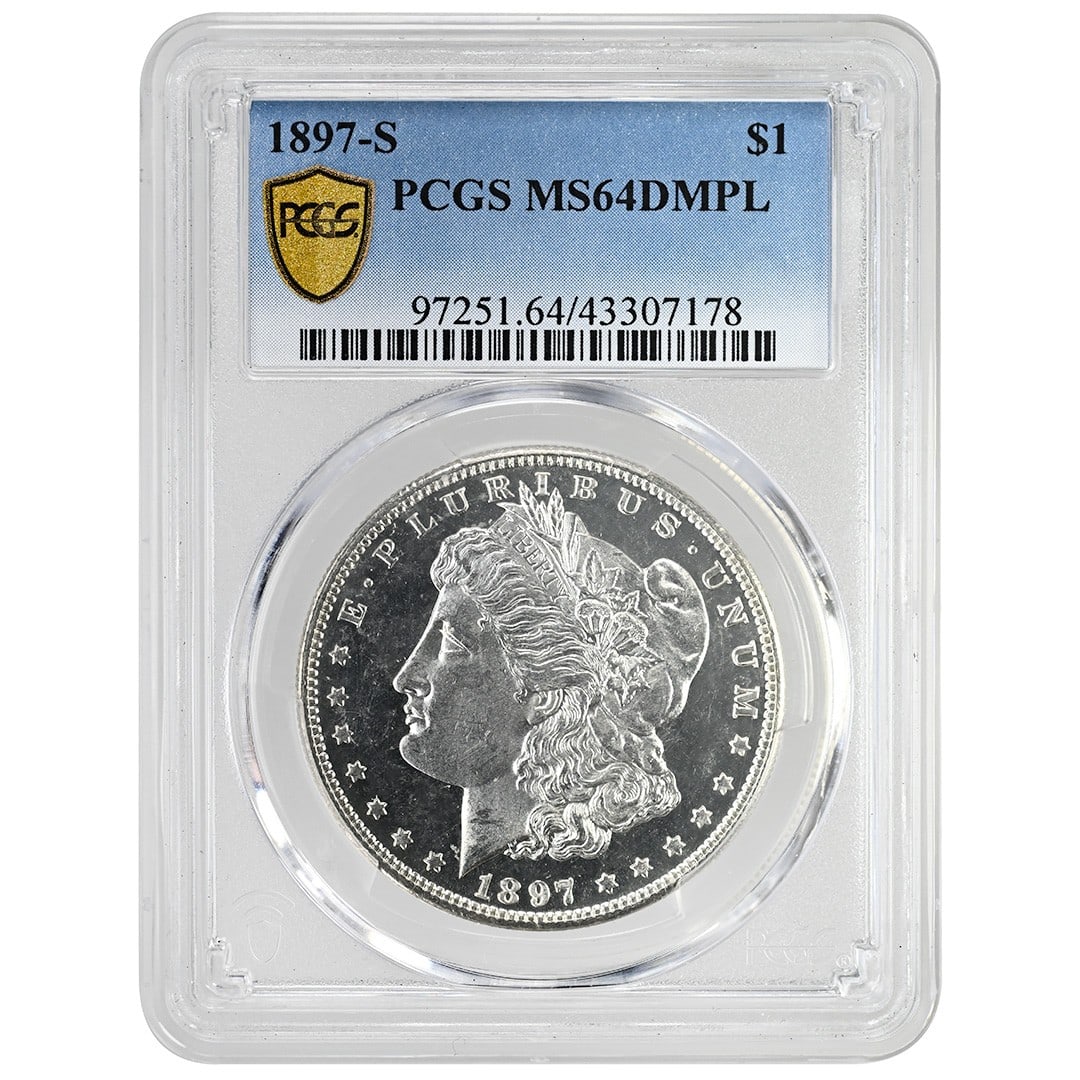 PCGS MS64DMPL 1897-S Morgan Silver Dollar Deep Mirror Proof-Like: PCGS MS64DMPL 1897-S Morgan Silver Dollar Deep Mirror Proof-Like This 1897-S Morgan Dollar is a rare, uncirculated coin graded MS64DMPL by PCGS. It features deep mirror proof-like surfaces with a bril