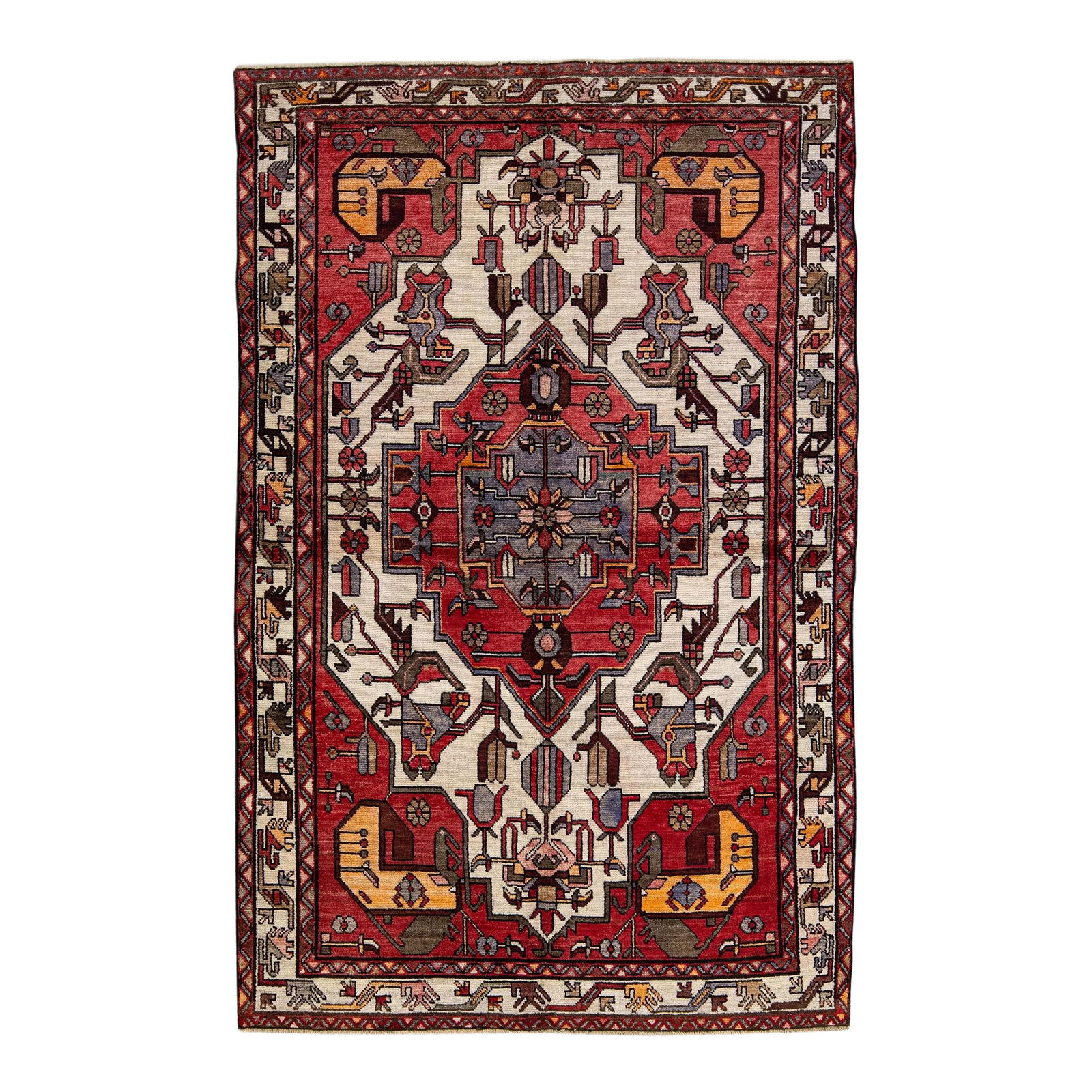 Vintage Handmade Persian Wool Rug Red Geometric Design 4'2" X 6'4" (1 of 10)