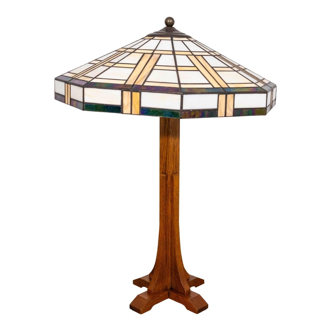 Stickley Mission Oak 2 Light Table Lamp with Art Glass Shade: Stickley Mission Oak 2 Light Table Lamp with Art Glass Shade Illuminate your space with this Stickley Mission Oak Table Lamp, featuring a stunning art glass shade. Crafted around 2001, this lamp showc